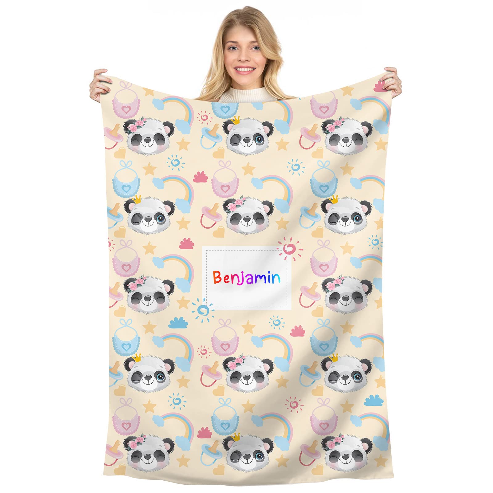 Naispanda Personalised Panda Fleece Throw Blanket for Children Kids Boys Girls Custom Blankets with Name Baby Blanket Gift for New Mother Customise Name Cute Cartoon Customised Throws