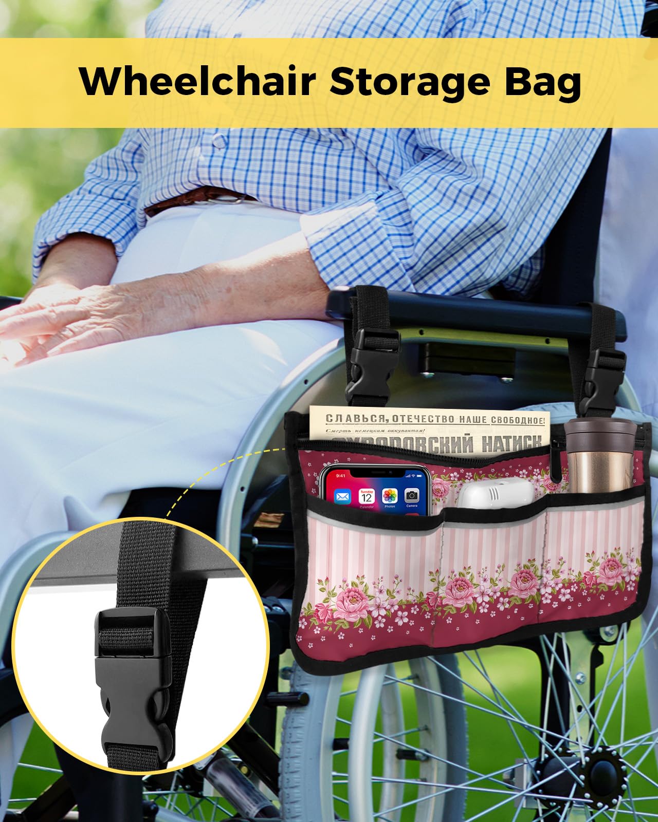 Mother's Day Wheelchair Side Bag Walker Bag, Spring Floral Pink Striped Wheelchair Accessories Armrest Pouch, Organizer Storage Bag for Walkers, Rollators, Scooters, 7.3''x13''