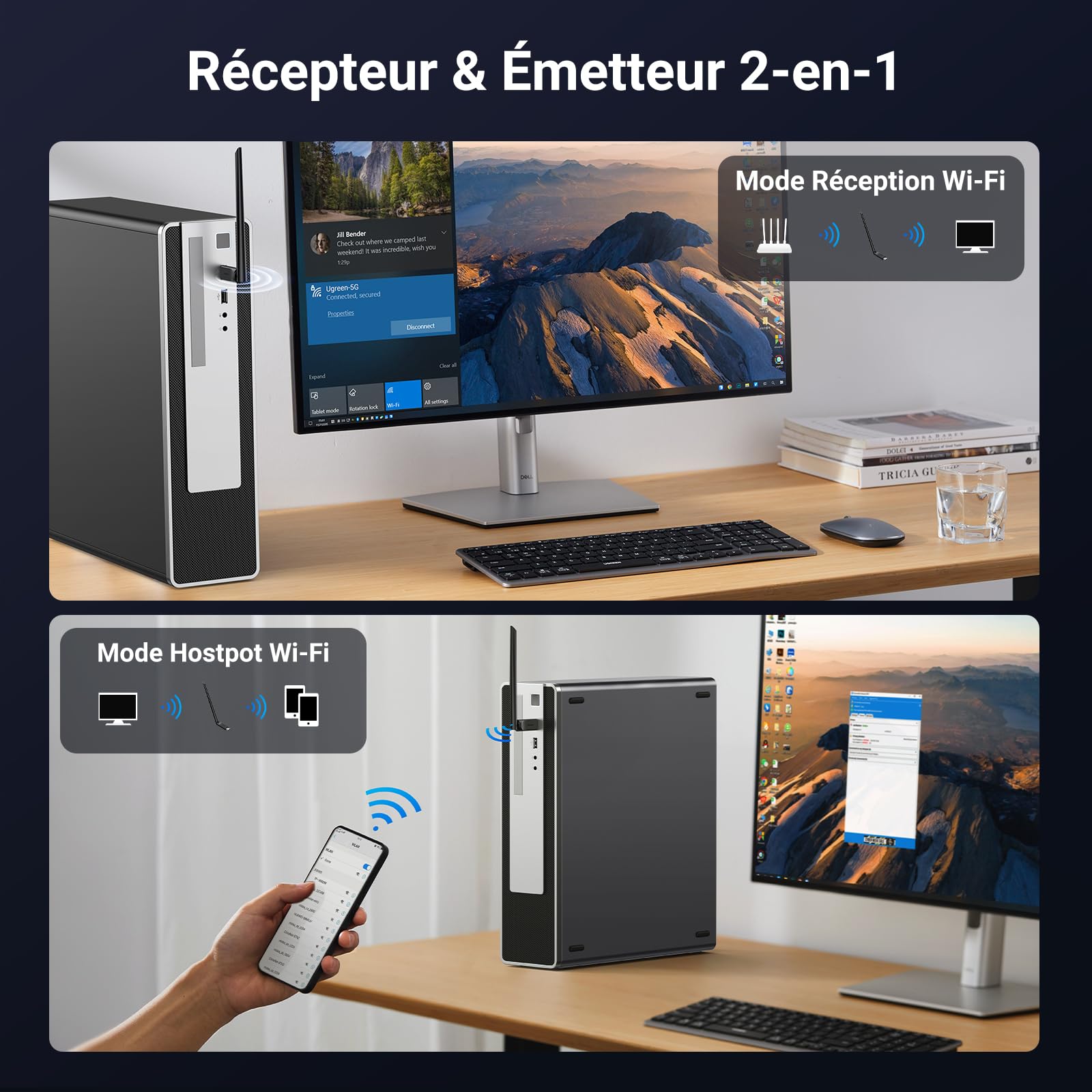 UGREEN Clé WiFi 6 AX900 Antenne à Gain Élevé 6dBi Adaptateur USB Entrée de Gamme 5GHz 2.4GHz Double Bande Station Soft AP Mode Dongle Pilote Intégré Compatible avec Windows 11 10