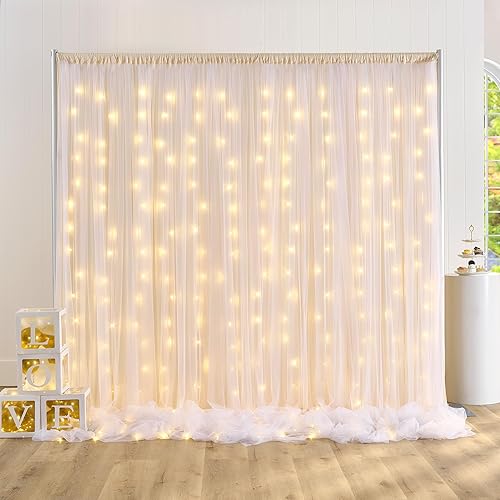 Paneles de cortina tipo telón de tul blanco de 10 x 10 pies con luces, telón de fondo de doble capa, cortinas de tul de poliéster sin arrugas para