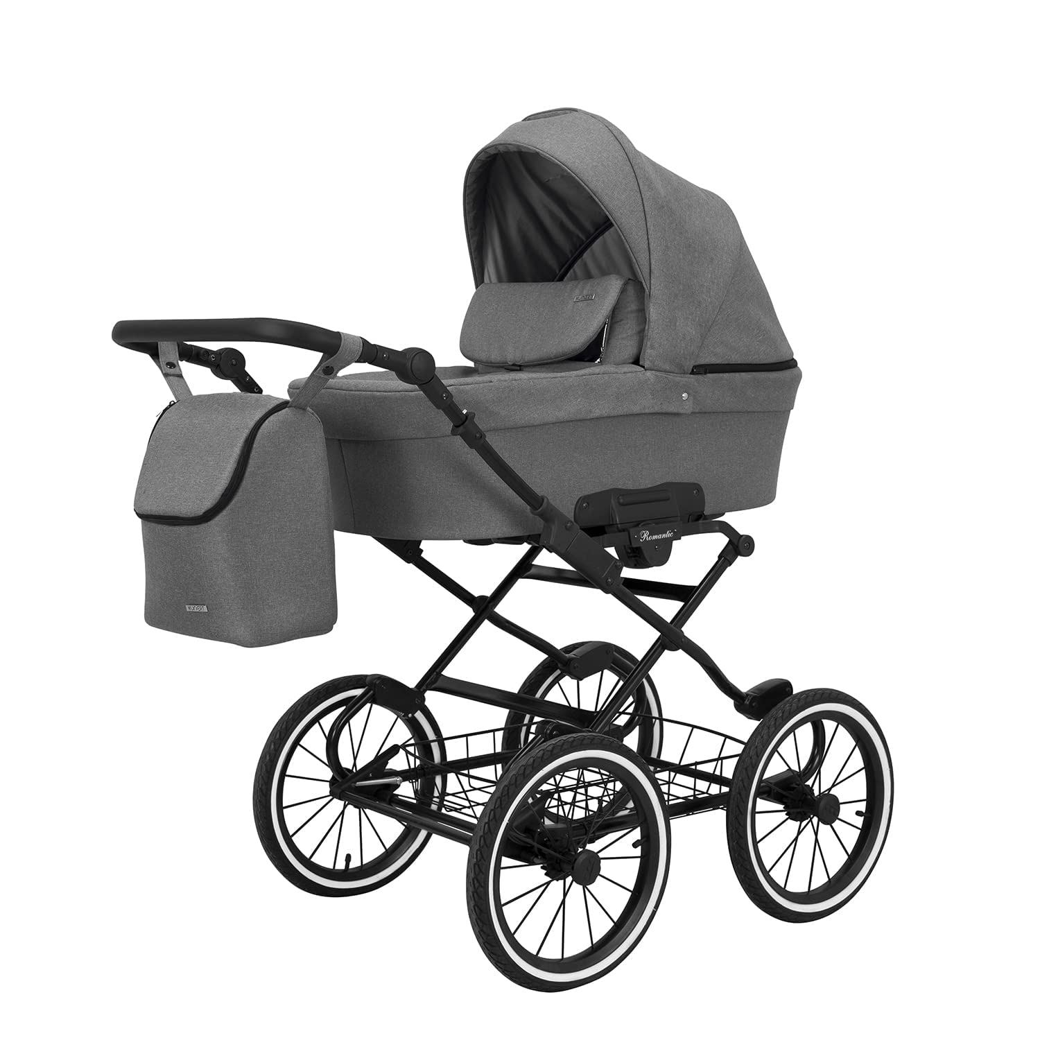 KUNERT Kinderwagen ROMANTIC retro Sportwagen Babywagen Autositz Babyschale Komplettset Kinder Wagen Set 2 in 1 und 3 in 1 (grau- schwarz rahmen, 2in1)