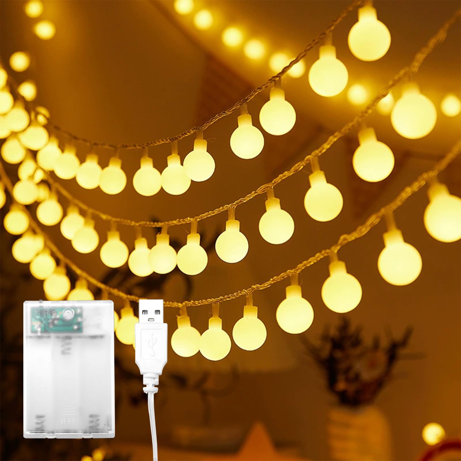 ENLACE Fairy Lights Balls, 10 m 80 LED Warm White Fairy Lights Balls, Battery/USB Operated, Globe Fairy Lights for Christmas, Wedding, Party, Garden, Camping, Indoor Outdoor Use