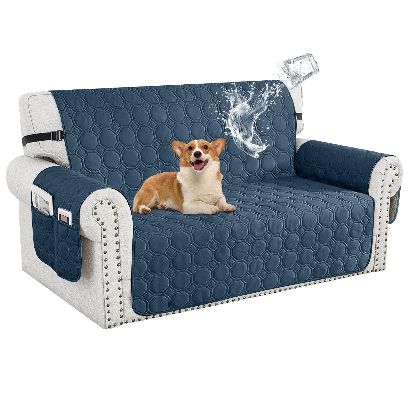 100% Waterproof Sofa Covers for Pets, Non Slip Sofa Slipcovers Couch Cover for Living Room Washable Pet Couch Cover with Elastic Straps Furniture Protector (Dark Blue,2 Seater)