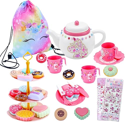 Juego de té para niñas pequeñas, 26 piezas de juegos de té para niños y niñas, juego de té de plástico que incluye postre, tetera, tazas, calcomanía