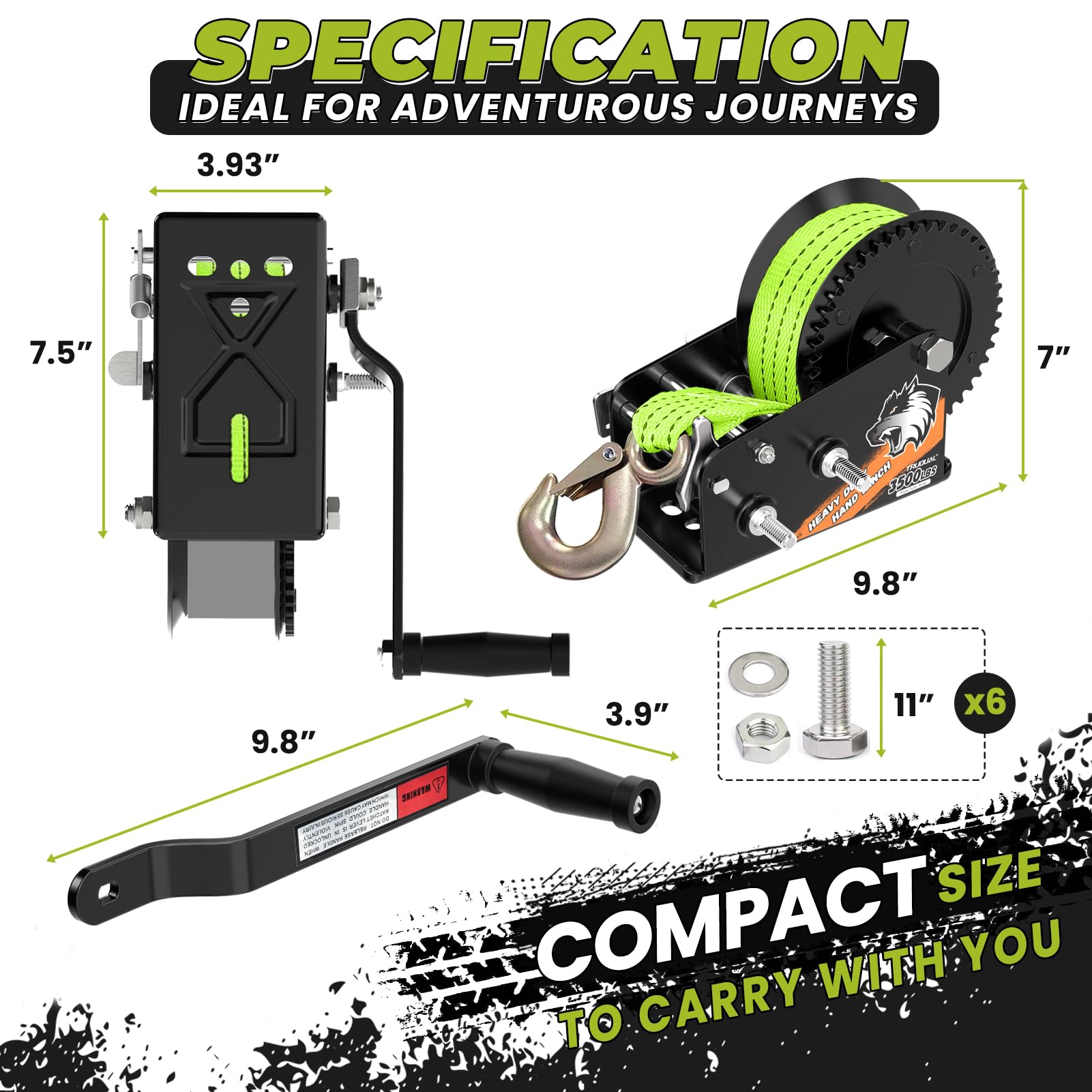 Truqual 3500lbs Heavy Duty Boat Trailer Winch with 33FT Strap, 2-Way Ratchet 4:1/8:1 Gear, Portable Hand Crank Winch for Boat, Truck, Trailer, RV, ATV, Jet Ski