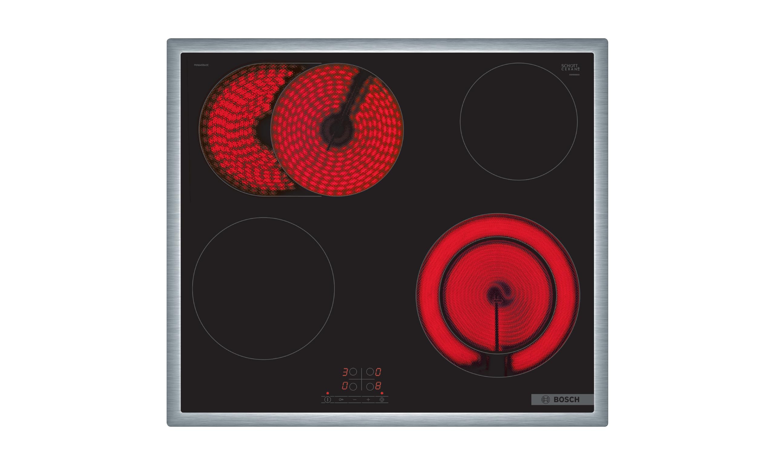 Bosch PKN645BA2E Serie 4 Elektrokochfeld, autarkes Glaskeramik-Kochfeld 60 cm breit, TouchSelect, Bräterzone, ReStart, Umlaufender Rahmen, Kindersicherung, Schwarz