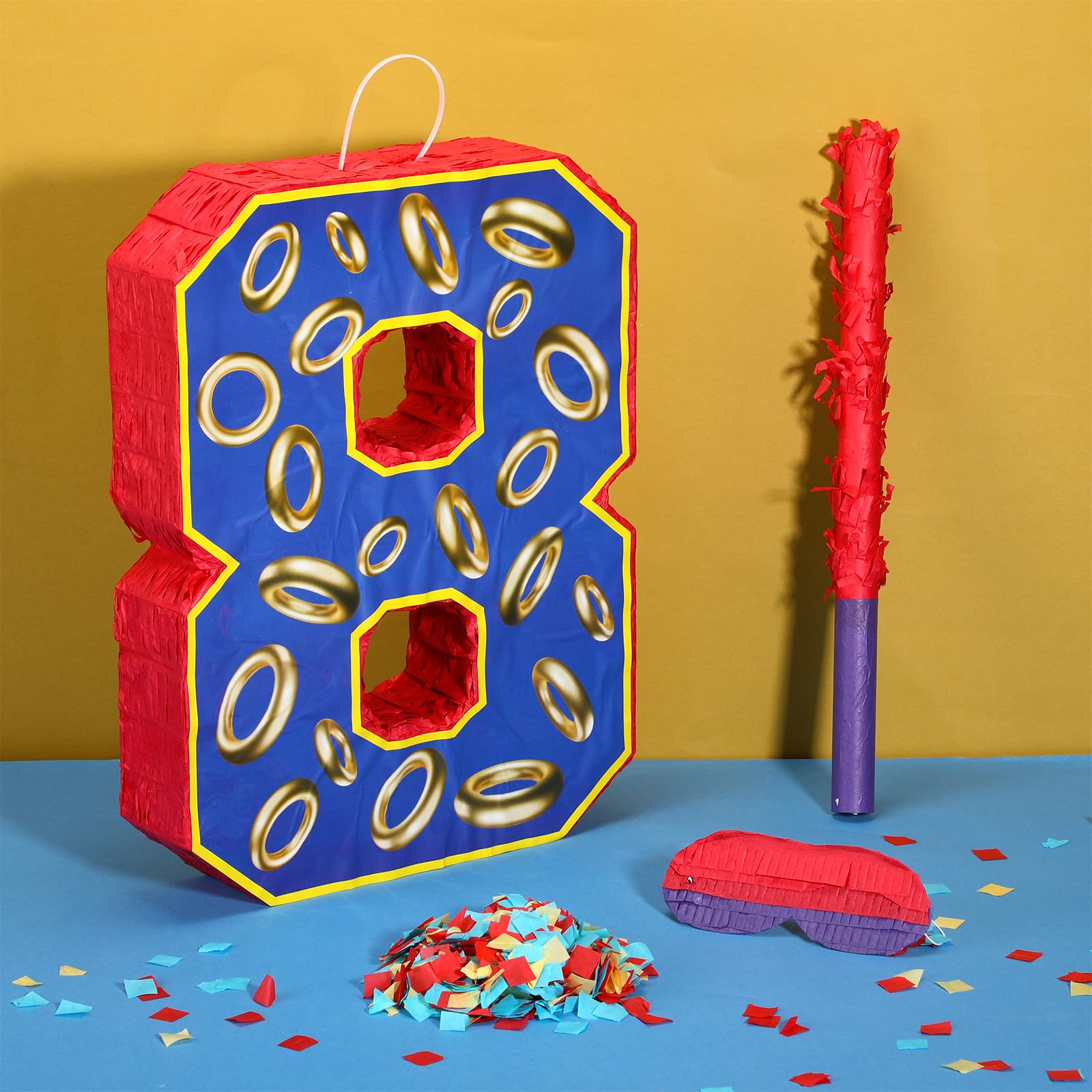 Number 8 Blue and Golden Rings Pinata for Birthday Party Decorations, Blue Golden 8th Birthday Party Favor Supplies, Fiesta, Anniversary Celebration Birthday Pinata with Stick Blindfold Confetti Large