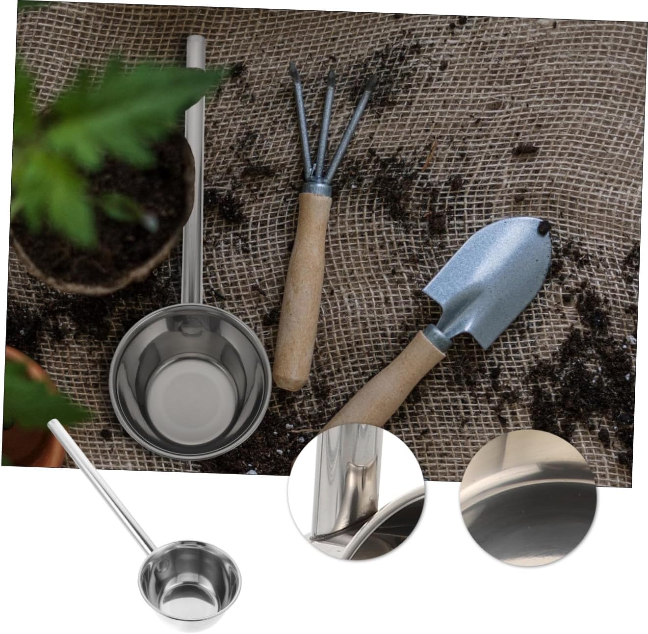 Long Handle Water Ladle Stainless Steel Kitchen Water Scoop Thickened Metal Scoop for Household Gardening and Cooking 14x35cm