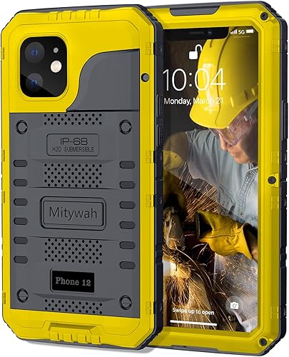 Vista 12 de Mitywah Funda impermeable para iPhone 12, resistente a prueba de golpes, con protector de pantalla integrado, funda de metal de protección submarina