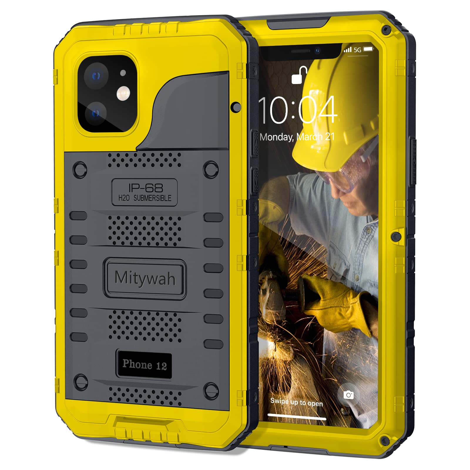 Mitywah Waterproof Case for iPhone 12, Heavy Duty Shockproof Case with Built-in Screen Protector, Full Body Underwater Protective Metal Case 6.1 inch,