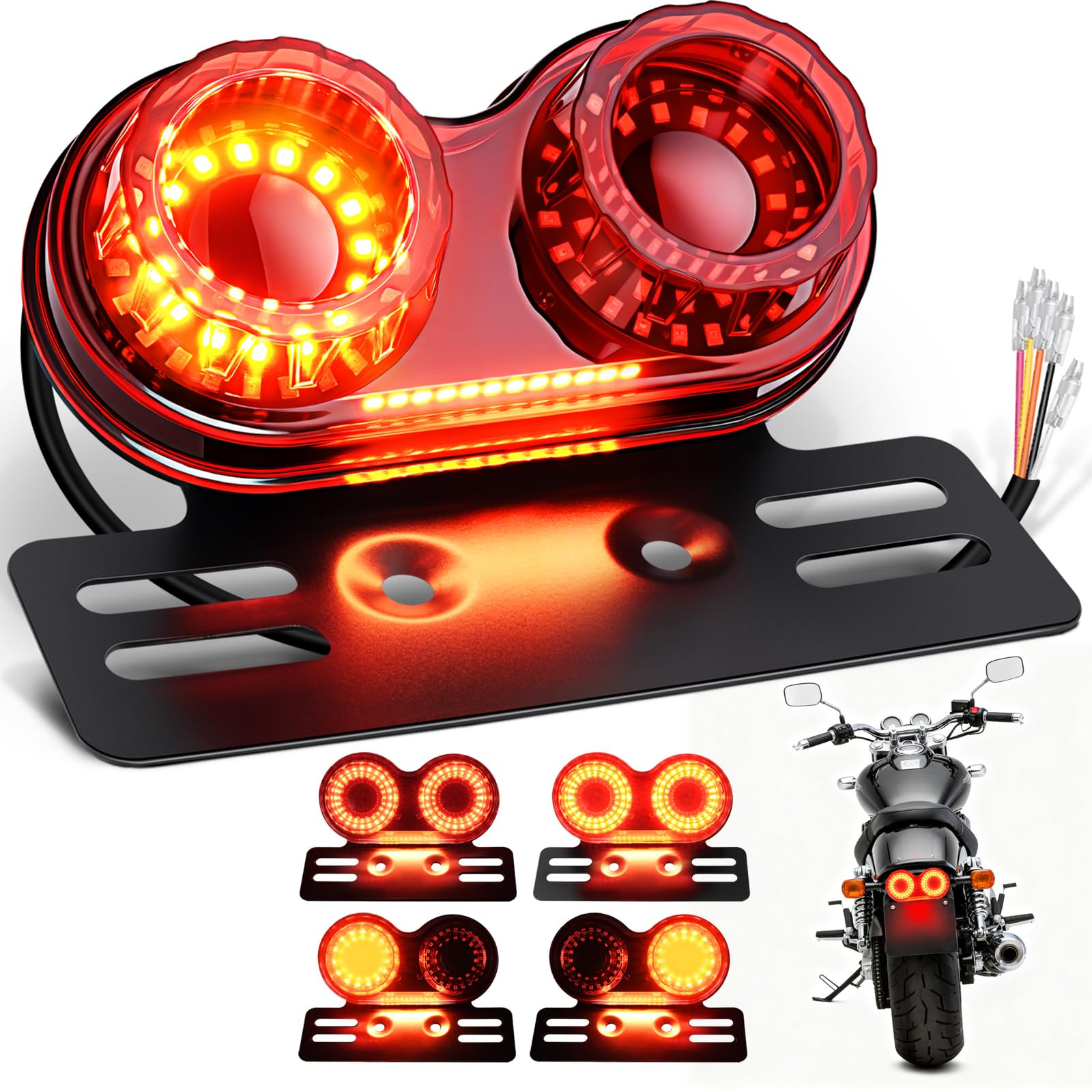 PBYMT Enhanced Motorcycle Tail Light, Break light Running Lights, IP67 Waterproof Turn Signals with License Plate Bracket Compatible with Street Bike Cruiser Chopper Bobber (Red, 90 LEDs)