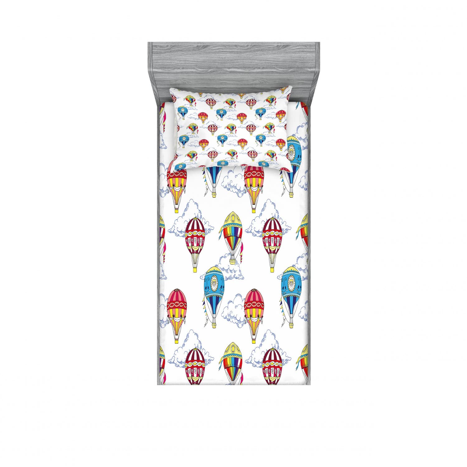 Ambesonne Vintage 2 Pack Fitted Sheet & Pillow Sham Set, Clouds Hot Air Balloons, 4 Pcs Bedding Decor, Package Contains 2 Twin Size Fitted Sheets & 2 Pillow Covers, White Multicolor