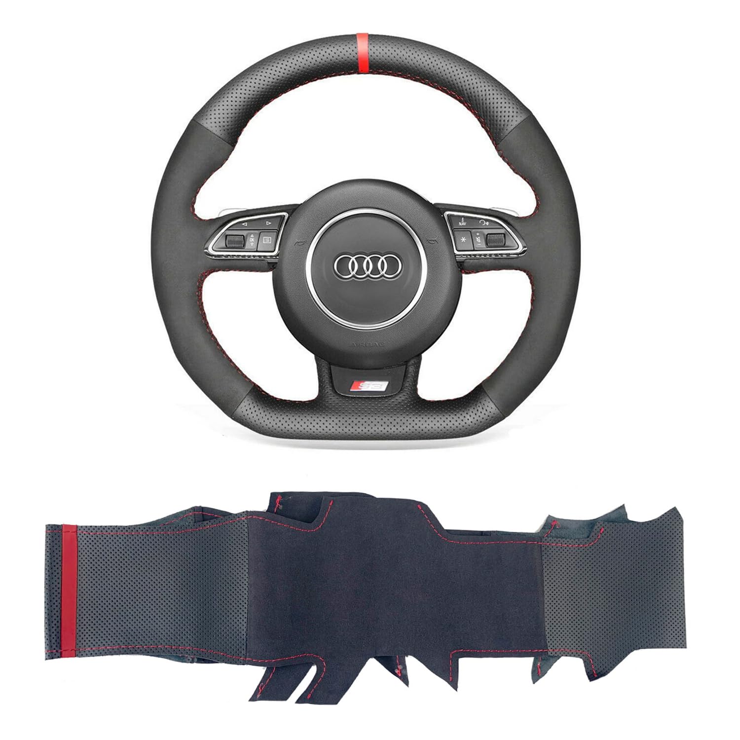 Autohua Hand-Stitched Steering Wheel Wrap for Audi A5/A7/RS5/RS7/S3/S4/S5/S6/S7/SQ5 2013-2018 Interior Perforated Leather&Suede Steering Wheel Protection Skin Cover Accessories