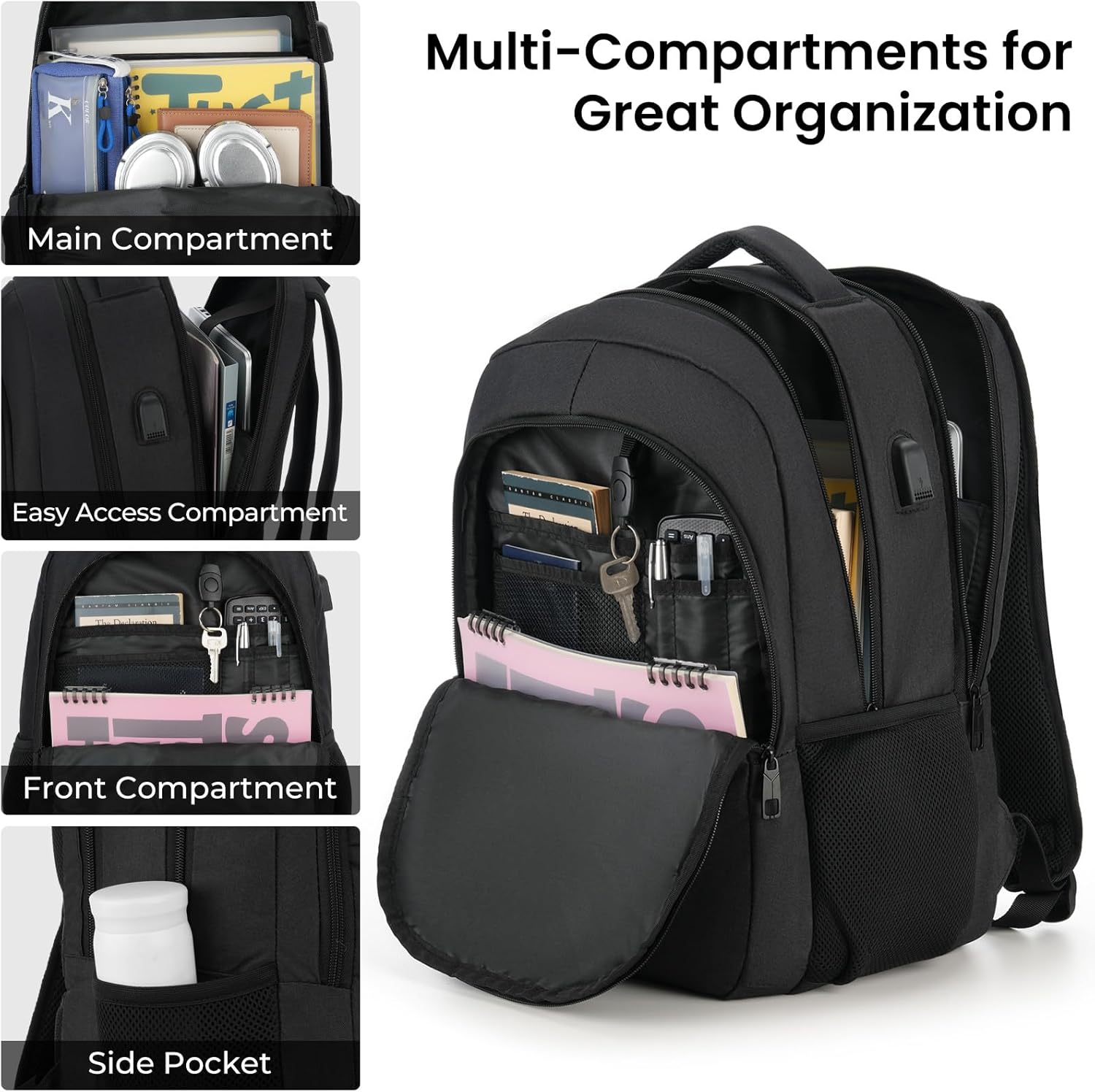 Backpack for Men and Women, School Backpacks for Teen Boys Girls, Water Resistant Sturdy Anti Theft Travel Laptop Backpack, Black Student Bookbag Fits 15.6 Inch Laptop with USB Charging Port, Gifts - Image 2