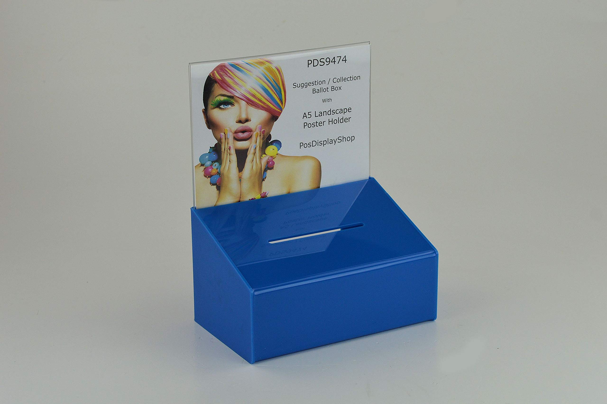 Pos Display ShopLight Blue Acrylic Feedback Box/Collection Box/Suggestion Box with A5 Landscape Poster Holder - PDS9474 LightBlue A5L