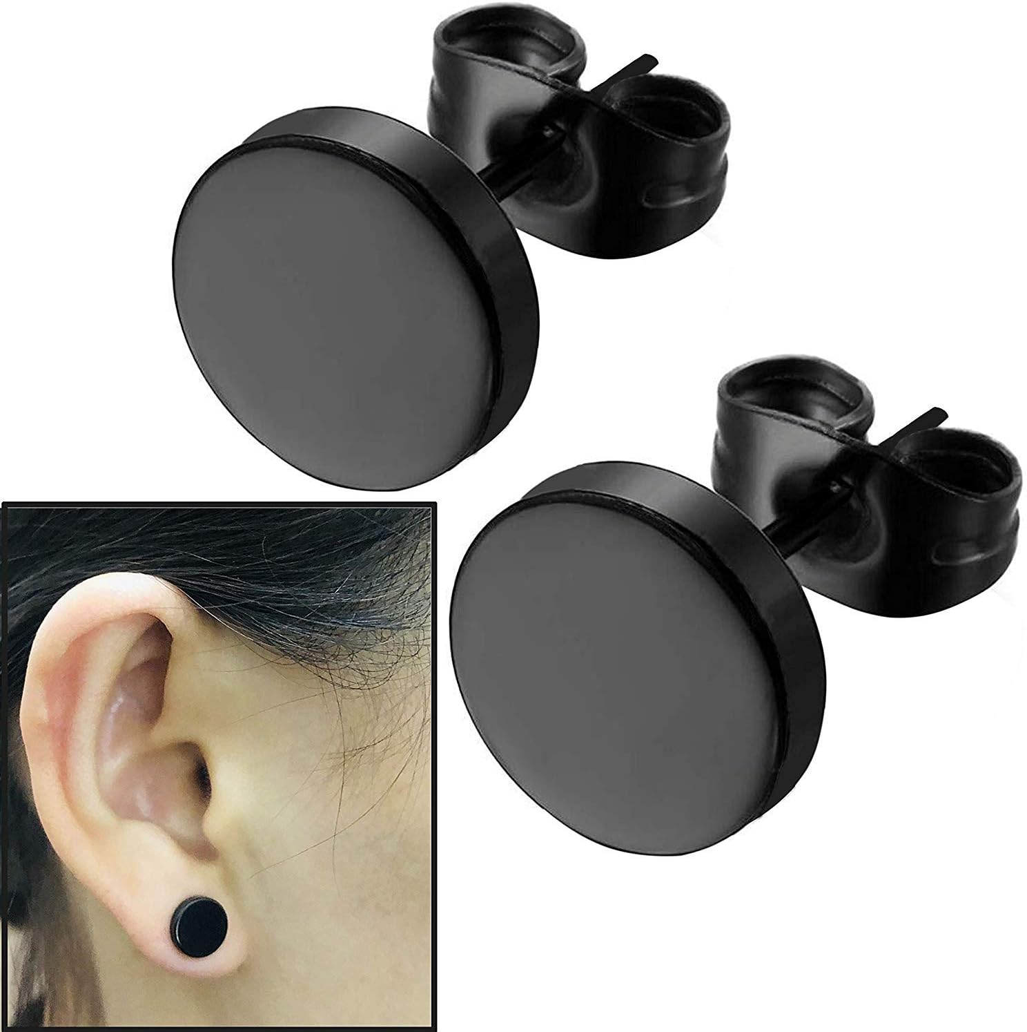 8mm Black Round Stud Earrings Set Stainless Steel Ear Studs for Men Women Tunnel Plug Post Pierced Tunnel, 2pcs/1 Pair