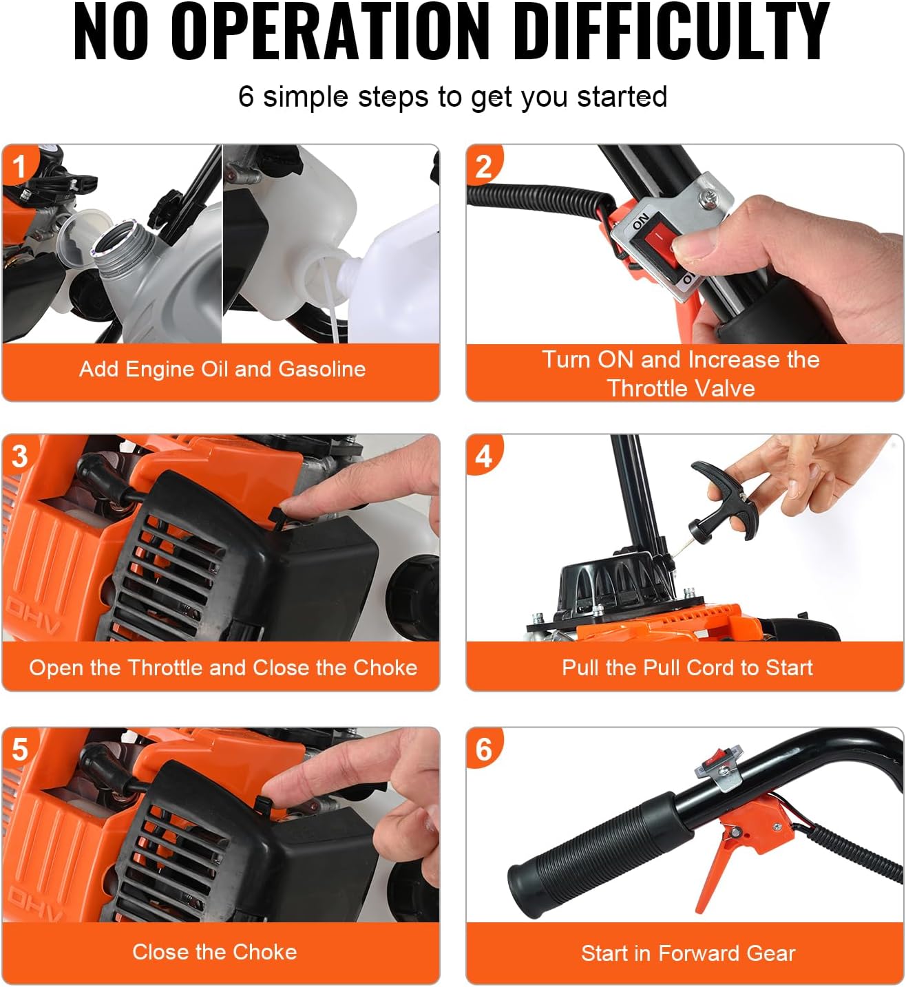 VEVOR Tiller Cultivator, 31CC 4-Stroke Garden Cultivator, Tiller with 4 Steel Adjustable Front Tines for Lawn, Garden and Field Soil Cultivation, Orange