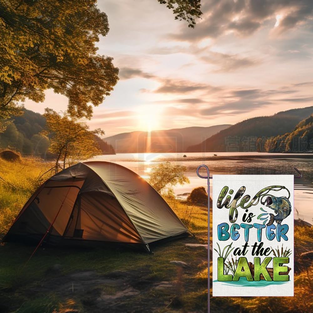 Life Is Better At The Lake Garden Flag Camo Fishing Camping Flags 12x18 Inch Double Sided Lake Life Yard Flag for Outside Lakeside House Decor Summer Holiday Decorations image 4