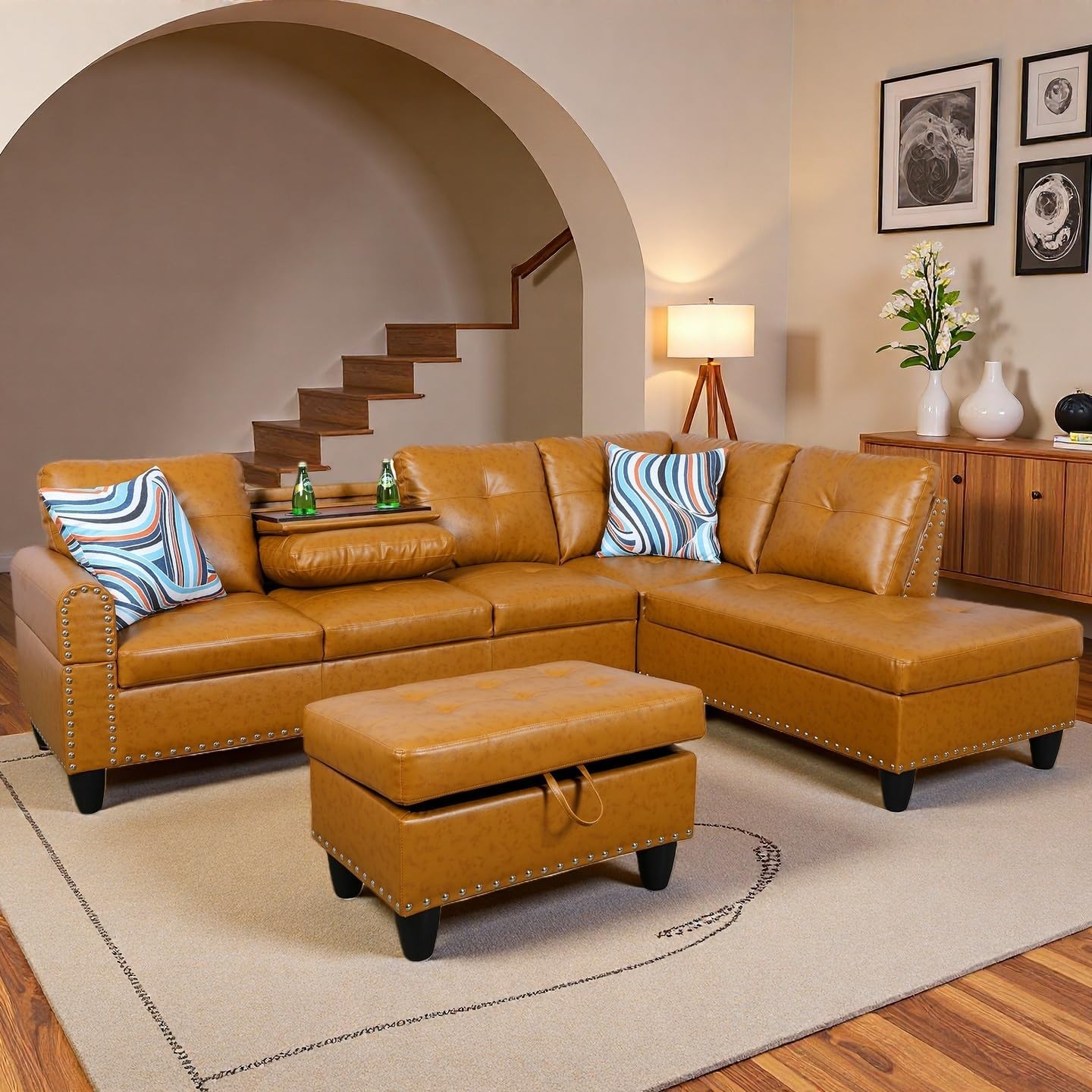 97.5" L Shaped Couch Set, Modular Sectional Couches for Living Room with Storage Ottoman, 4 Seat Home Sofa Living Room Furniture Sets with Chaise for Apartment (Leather, Ginger Yellow)