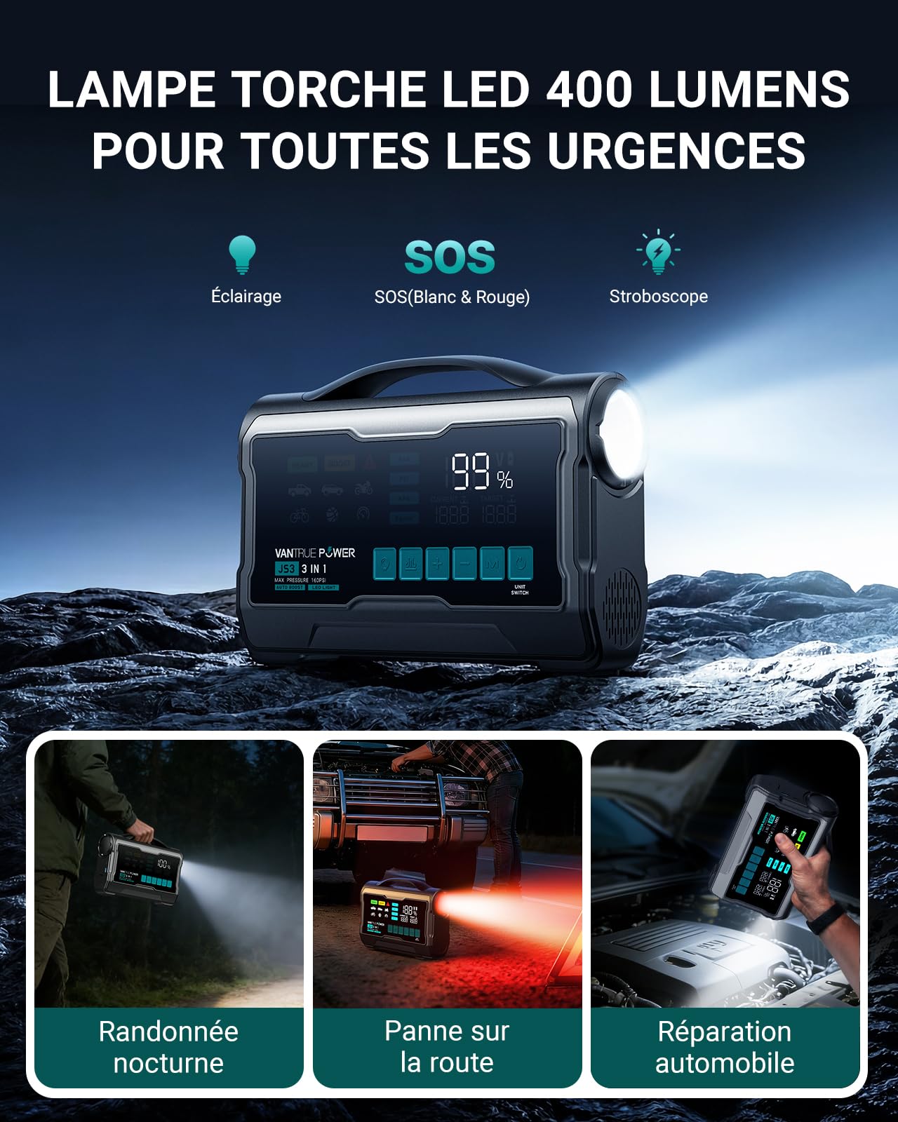 JS3 3250A Réels Booster Batterie Voiture avec Gonfleur 160PSI, 12V Démarreur Portable avec 9" Grand Écran, Charge Rapide 65W Power Bank, 400 Lumens LED, pour Essence 10L/ Diesel 8L