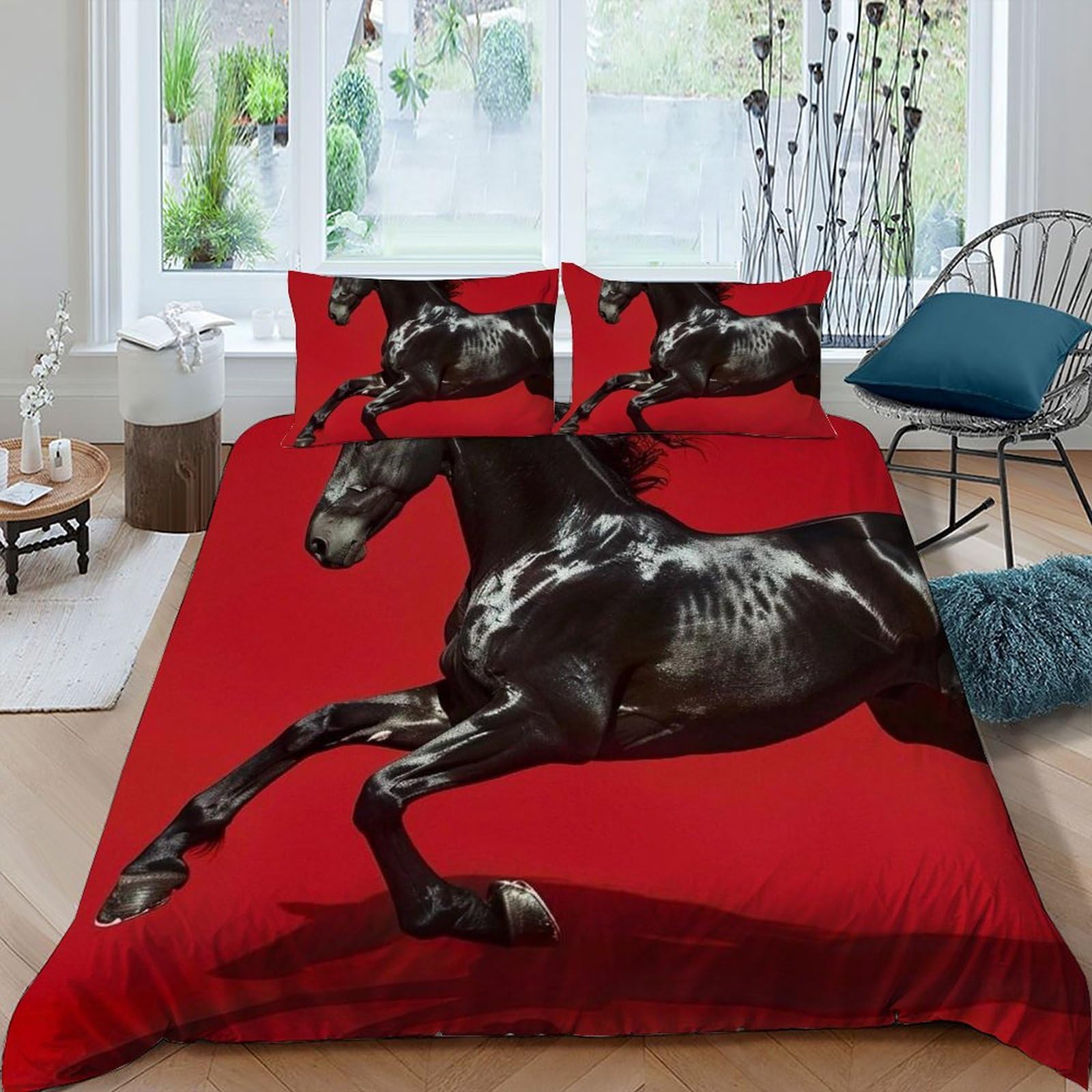 Housse de couette cheval 220x240 parure de lit avec fermeture éclair anti-plis pour lit king
