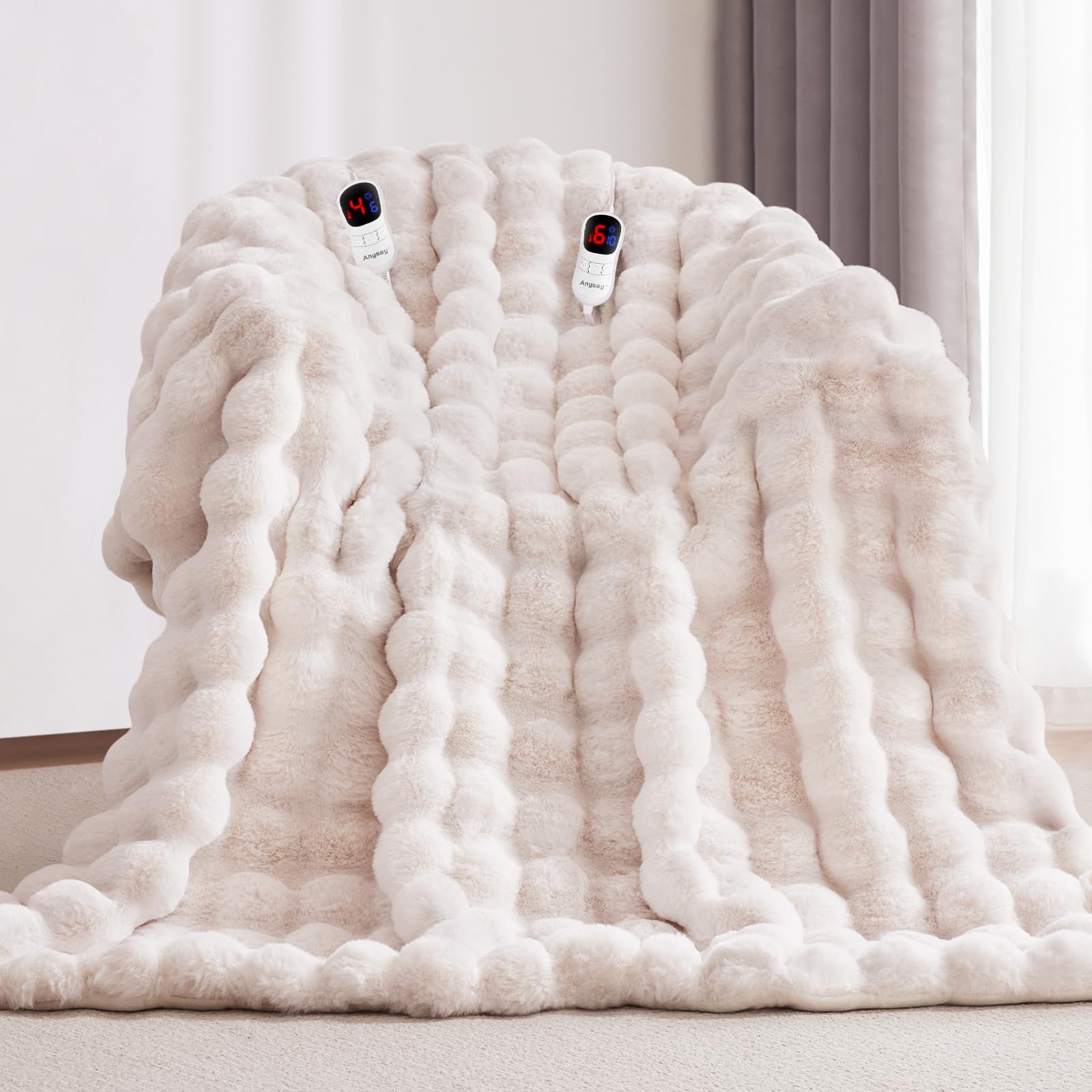 heated blanket king size with 1/2/4/6/8 hours auto-off 10 heat level, 90'' * 100'' cozy faux rabbit fur bubble electric blanket with overheat protection(white)