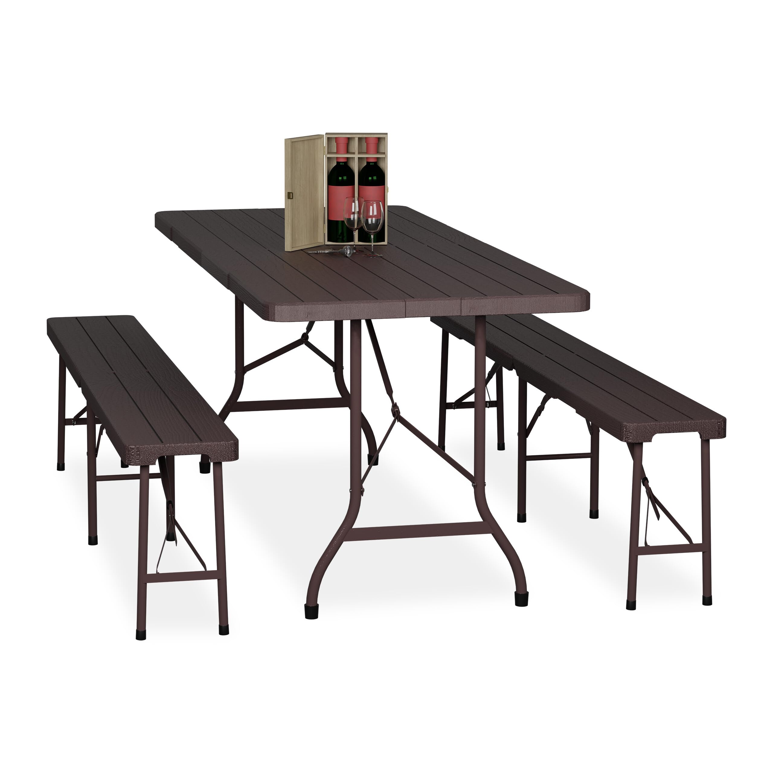 Relaxdays Tavolo da Birreria con Panche, Set da Giardino, Panchine e Tavolino 180 cm Pieghevoli, Aspetto Legno, Marrone