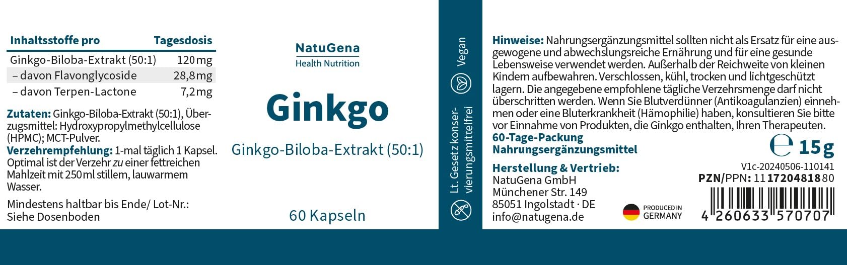 NatuGena Ginkgo, Ginkgo Biloba Kapseln(50:1), trägt zur Unterstützung und Stärkung des Gehirns bei, 60 Kapseln (60 Tage Packung)