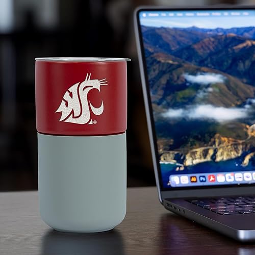 Miniatura 16 de Rico Industries NCAA Miami of Ohio Redhawks - Vaso de cerámica de 16 onzas con agarre de silicona, grabado láser profundo, diseño de color negro