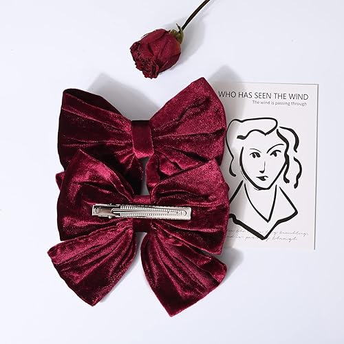 Miniatura 2 de Lazos de terciopelo para el pelo para niñas, 6 pulgadas, 2 unidades, lazo grande de vino tinto para otoño, pinzas de cocodrilo para niños pequeños,