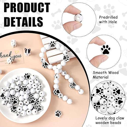 Miniatura 4 de 120 cuentas de madera de pata, cuentas de huella de perro, cuentas de madera de pata de cachorro, cuentas de madera en blanco y negro, lindas