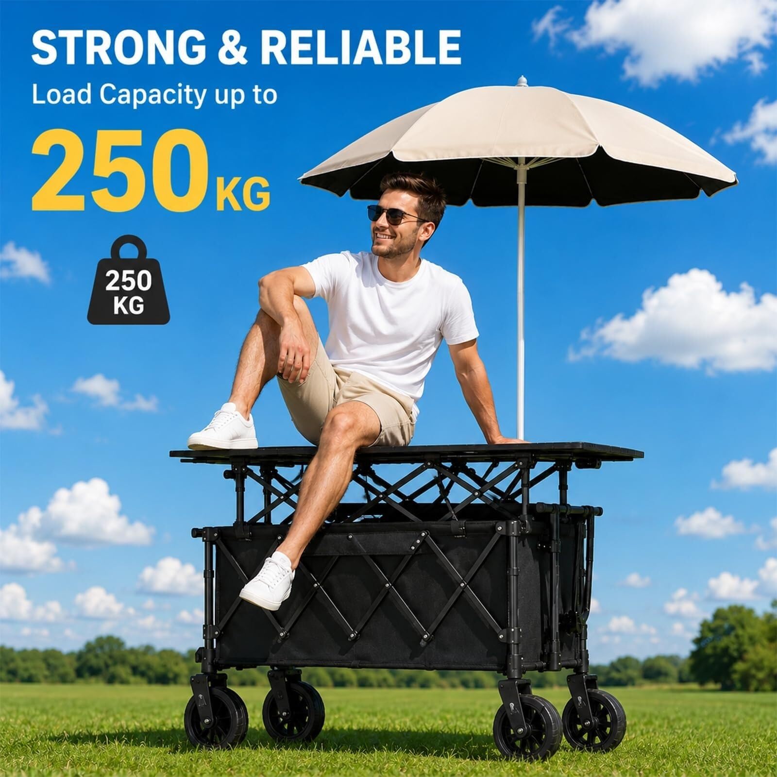 Stand for mercato agricolo con ombrellone e contenitore ad alta capacità | Carrello da campeggio portatile su ruote, ideale for picnic all'aperto, vendita di dessert e vendita di cibi pronti
