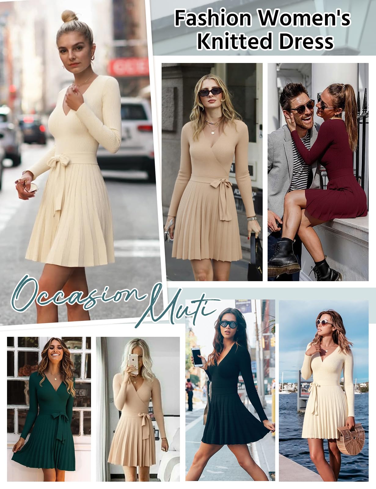 heekpek Robe Pull Femme Hiver Col en V Robes à Manche Longue Sexy Robe Femme Chic et Elegant Automne Elegante Tricot Plissée Jupe avec Ceintures