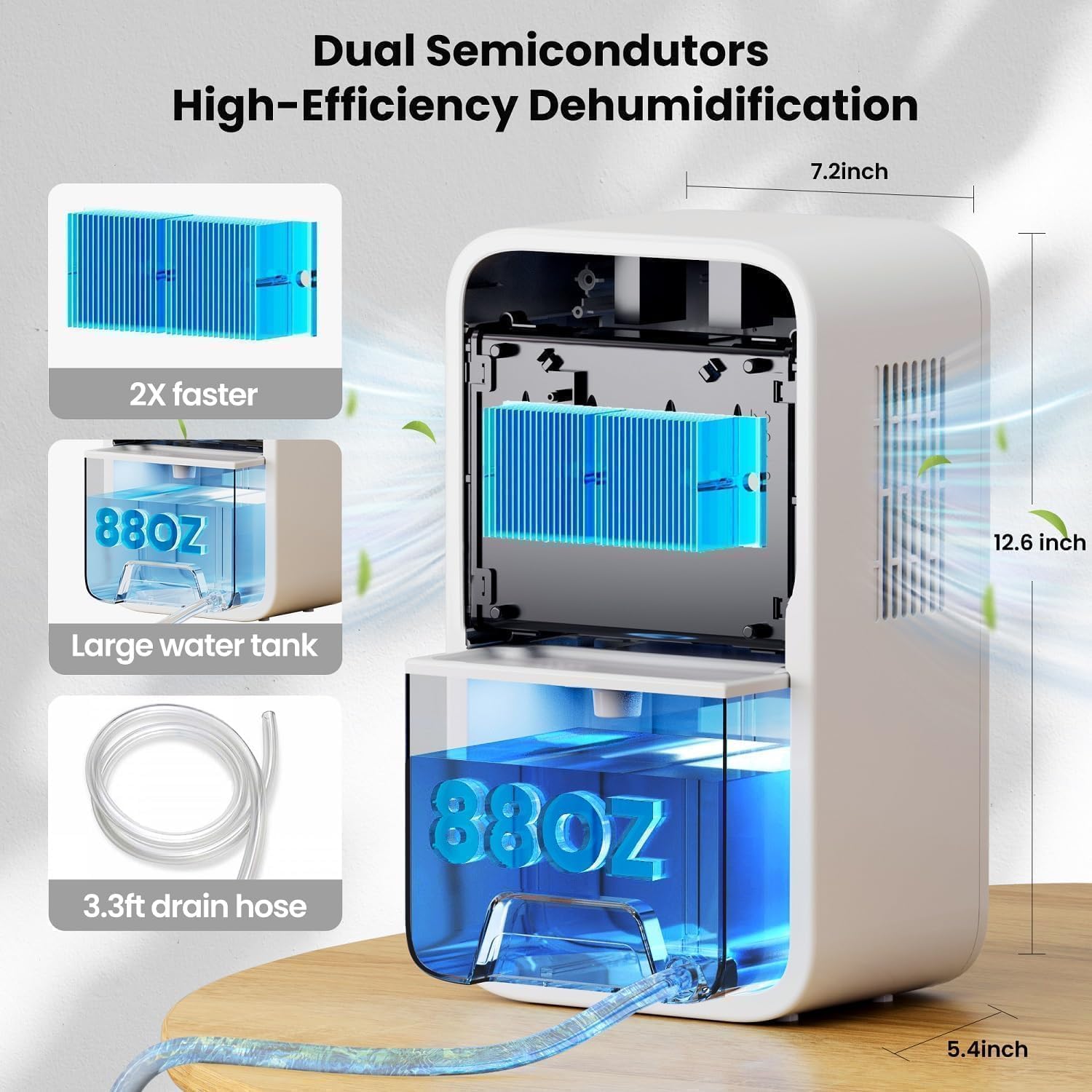 Deumidificatore (2,50 ml) per la casa, piccolo deumidificatore con timer per tubo di scarico (8-12-24 H) ultra silenzioso con modalità sleep spegnimento automatico per camera da letto, bagno, cantina