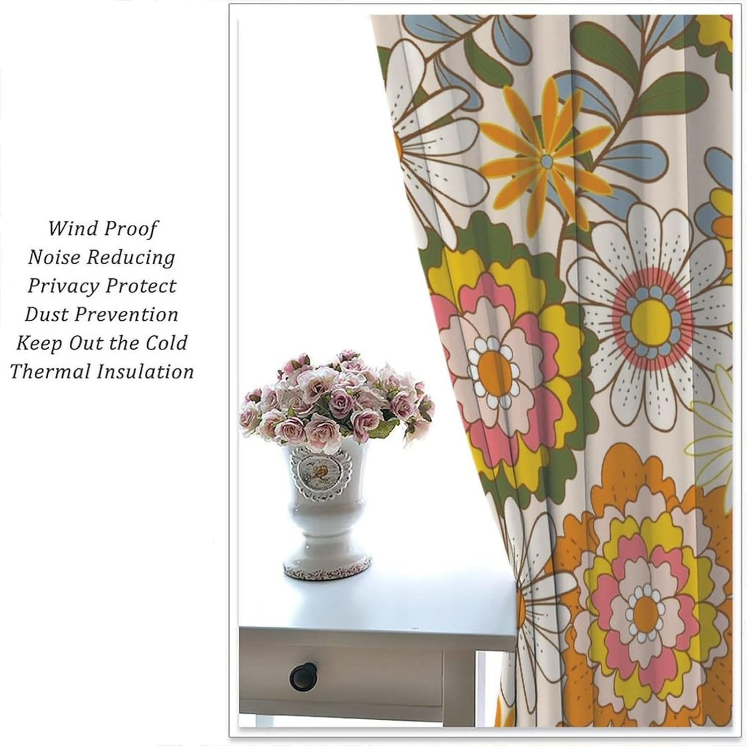 Retro 70s Floral Curtains Hippie Summer Spring Groovy Flower Boho Window Treatments for Girl Woman Home Kitchen Bedroom Abstract Aesthetics 72x63 Inch