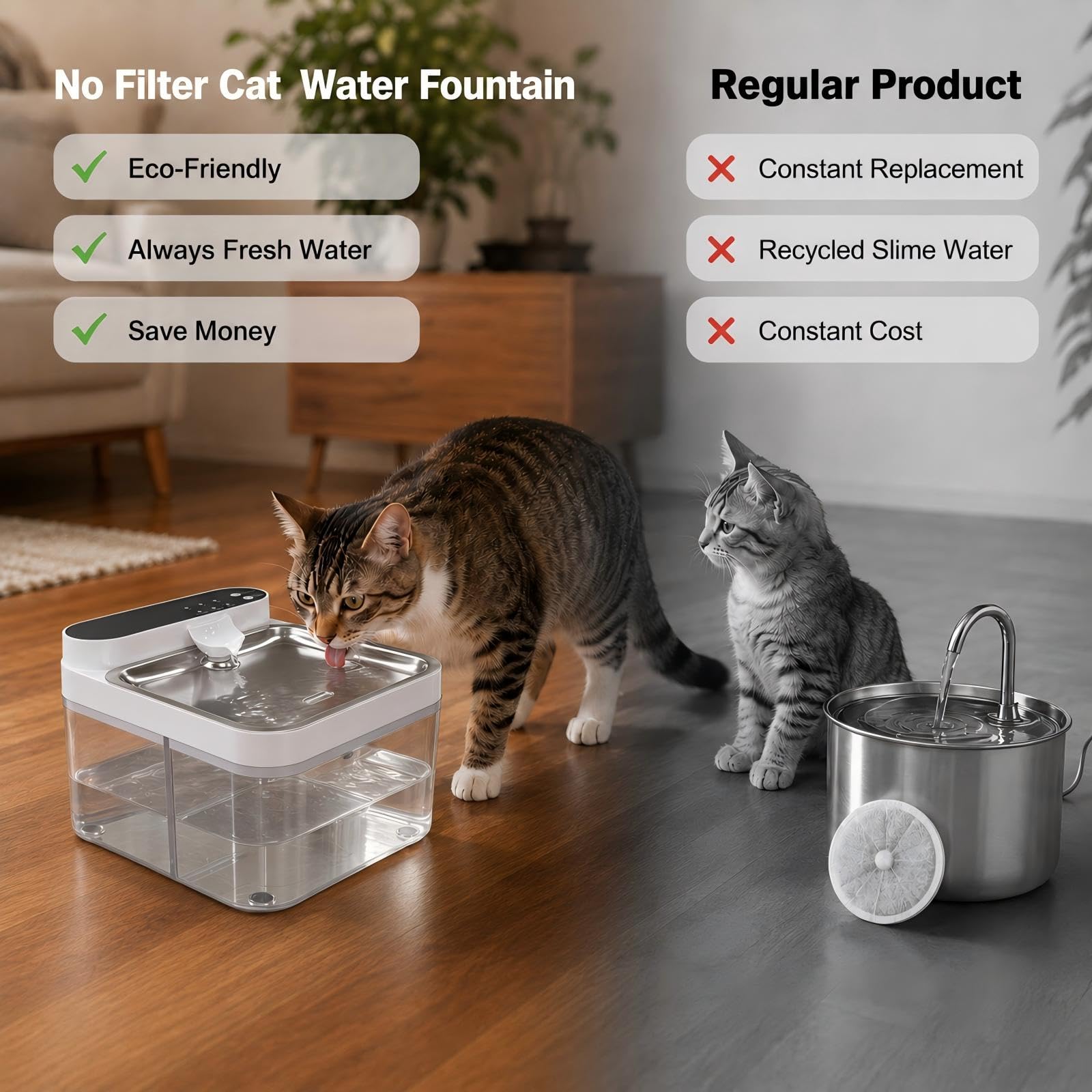 Fuente de agua para gatos sin filtro, separación de aguas residuales, fuente de agua para gatos sin filtros, inalámbrica y fuente de agua para mascotas de 180 días de funcionamiento