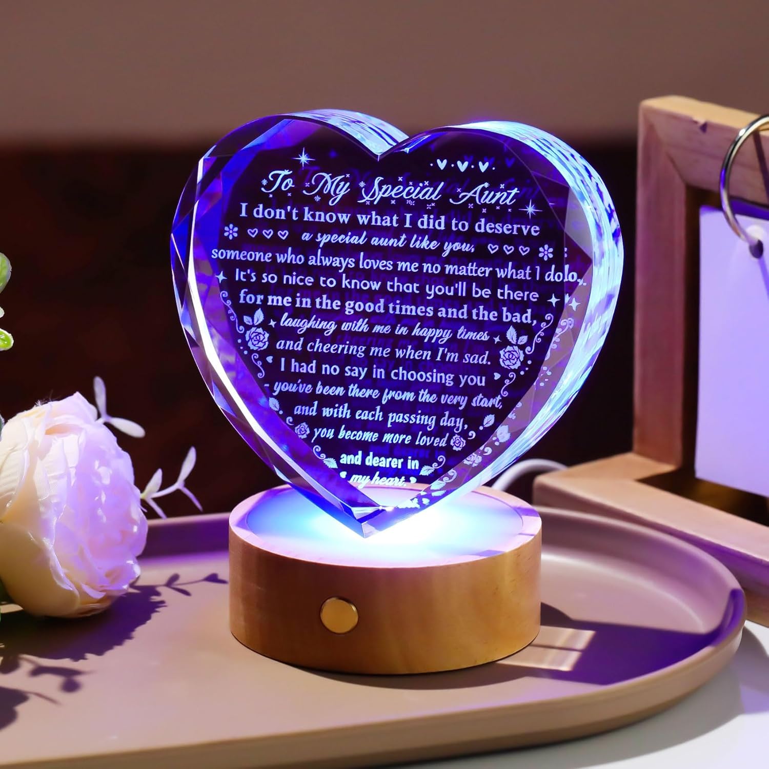 YWHL Crystal Aunt Gifts from Niece Nephew, Aunt Birthday Gifts for Women, Heart Crystal Plaque Mother's Day Gifts for Aunt with Colorful Led Base - Image 3