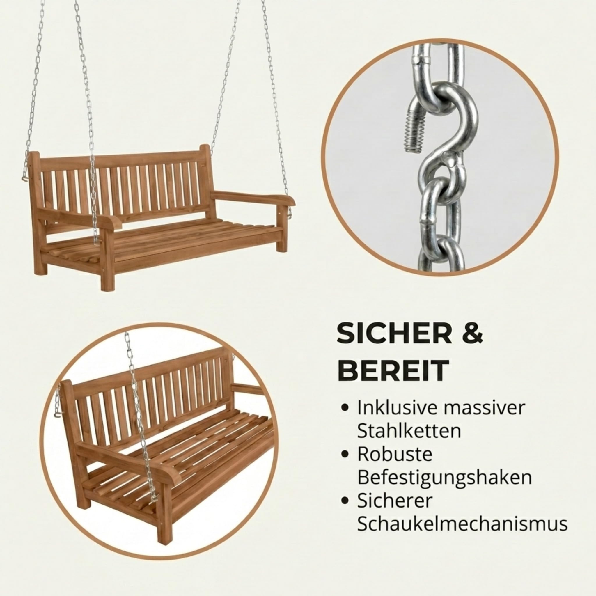SAM Premium Hollywoodschaukel 2-Sitzer Susana, Schaukelbank 120 cm Teakholz massiv lackiert, hängende Holzschaukel Gartenschaukel wetterfest für Garten Terrasse Balkon Outdoor, Unikat
