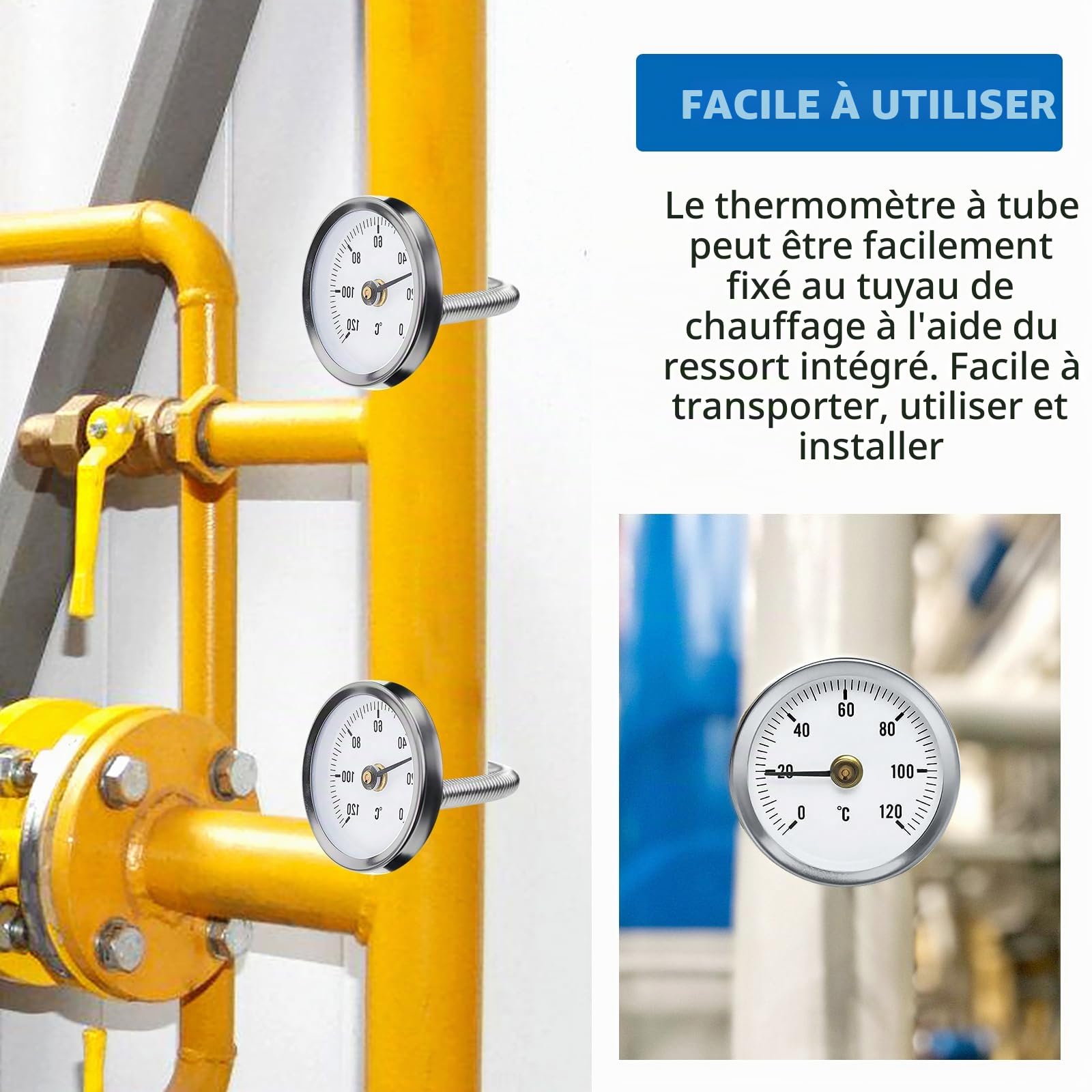 Thermomètre Industriel Pour Tuyauterie, 5 Pièces Température Bimétallique étanche à La Poussière De 63 mm, Thermomètre à Ressort, Thermomètre 0-120° Avec Ressort Clip Pour 20 mm à 60 mm