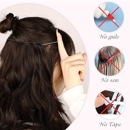 Miniatura 7 de MORICA Extensiones de cabello con alambre invisible, 20 pulgadas, marrón mezclado con rubio, largo, ondulado, sintético, con alambre transparente,