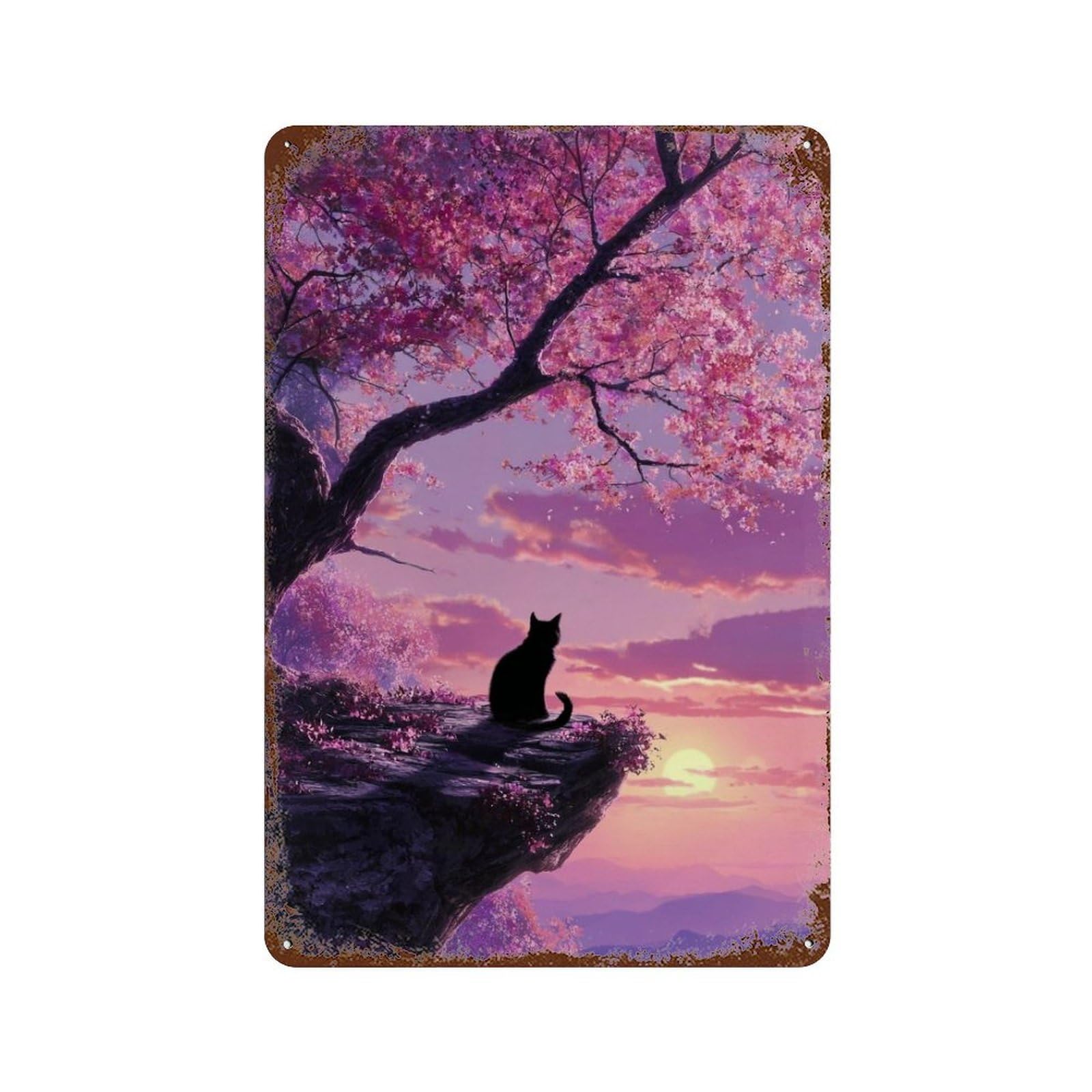 Cherry Blossom Cat Sunset Vintage Wall Sign 11.8"x7.9", Rust Effect Metal Decor for Garage, Bar And Workshop Decor