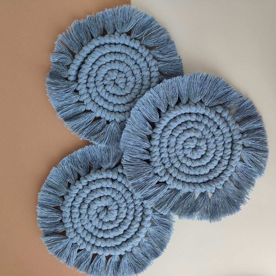 MTRXX Handmade Macrame Coasters Set of 4 – 4-Inch Round Cotton Cup Mats in Grey, Boho Fringe Coasters for Coffee, Tea & Home Decor, Woven Table Accessories