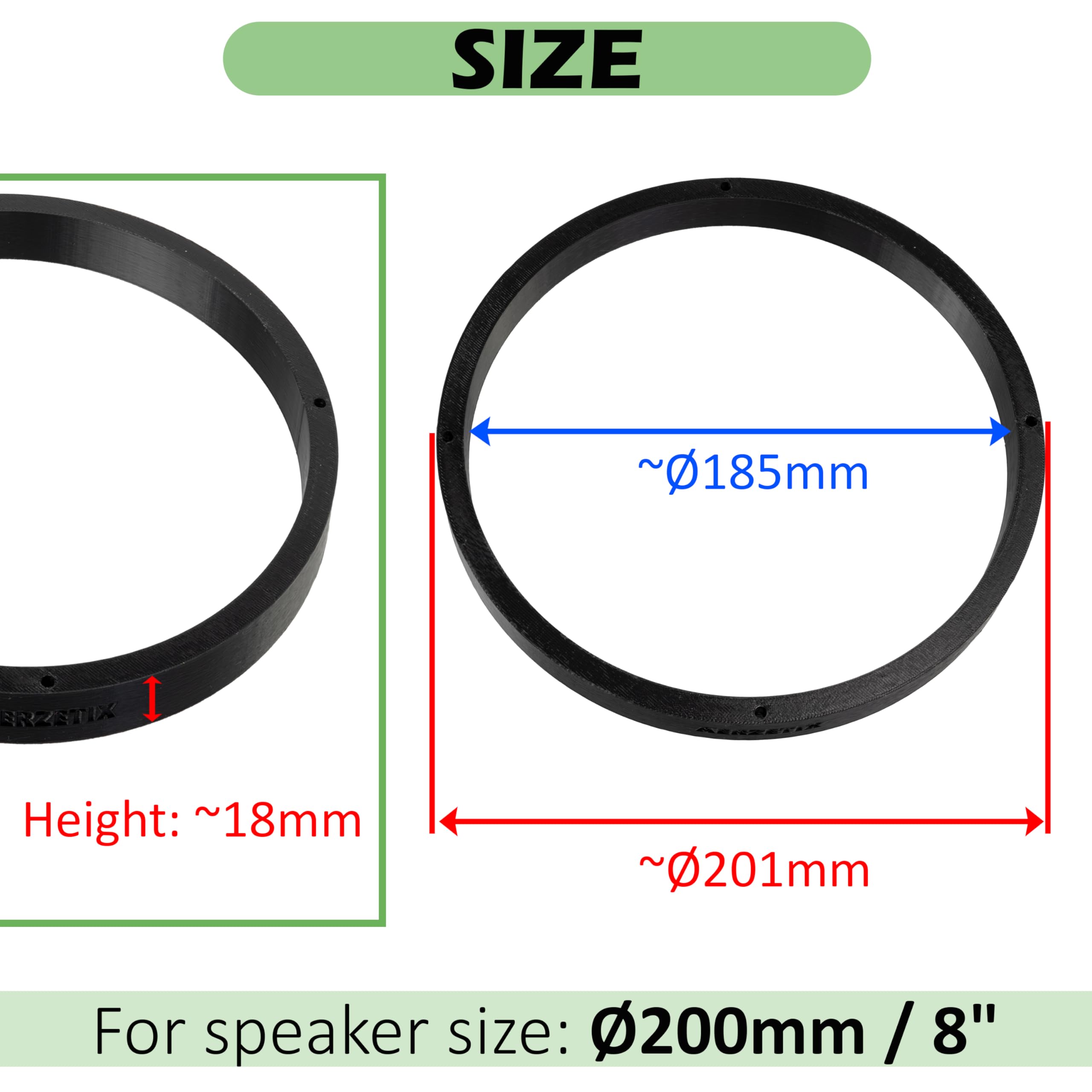 Aerzetix - Set di 2 anelli/distanziatori/boccole distanziatrici per altoparlanti Ø200x18 mm in plastica ABS + 4 guarnizioni di tenuta