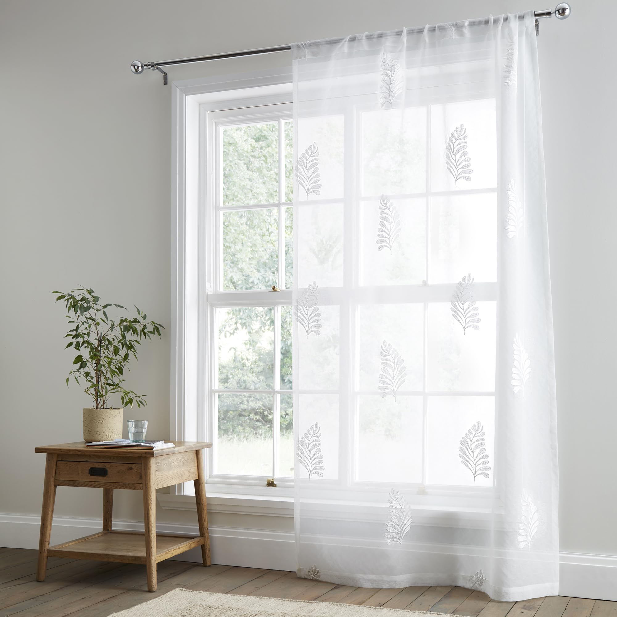 Appletree Heritage - Leaf Embroidery - Slot Top Voile Panel - 55" Width x 48" Drop (140 x 122 cm) in White