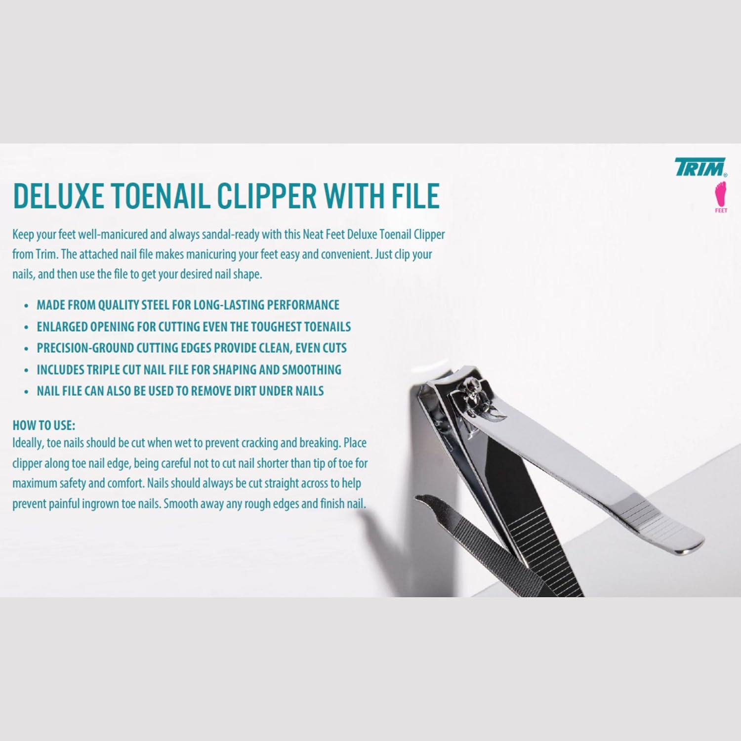 Trim Neat Feet Foot Care Implements Deluxe Toenail Clipper with File, Straight Edge, Stainless Steel, Cuts Toughest Toenails, Helps with Ingrown Nails, Ultra Sharp, Nail Care Tool, 1 Count