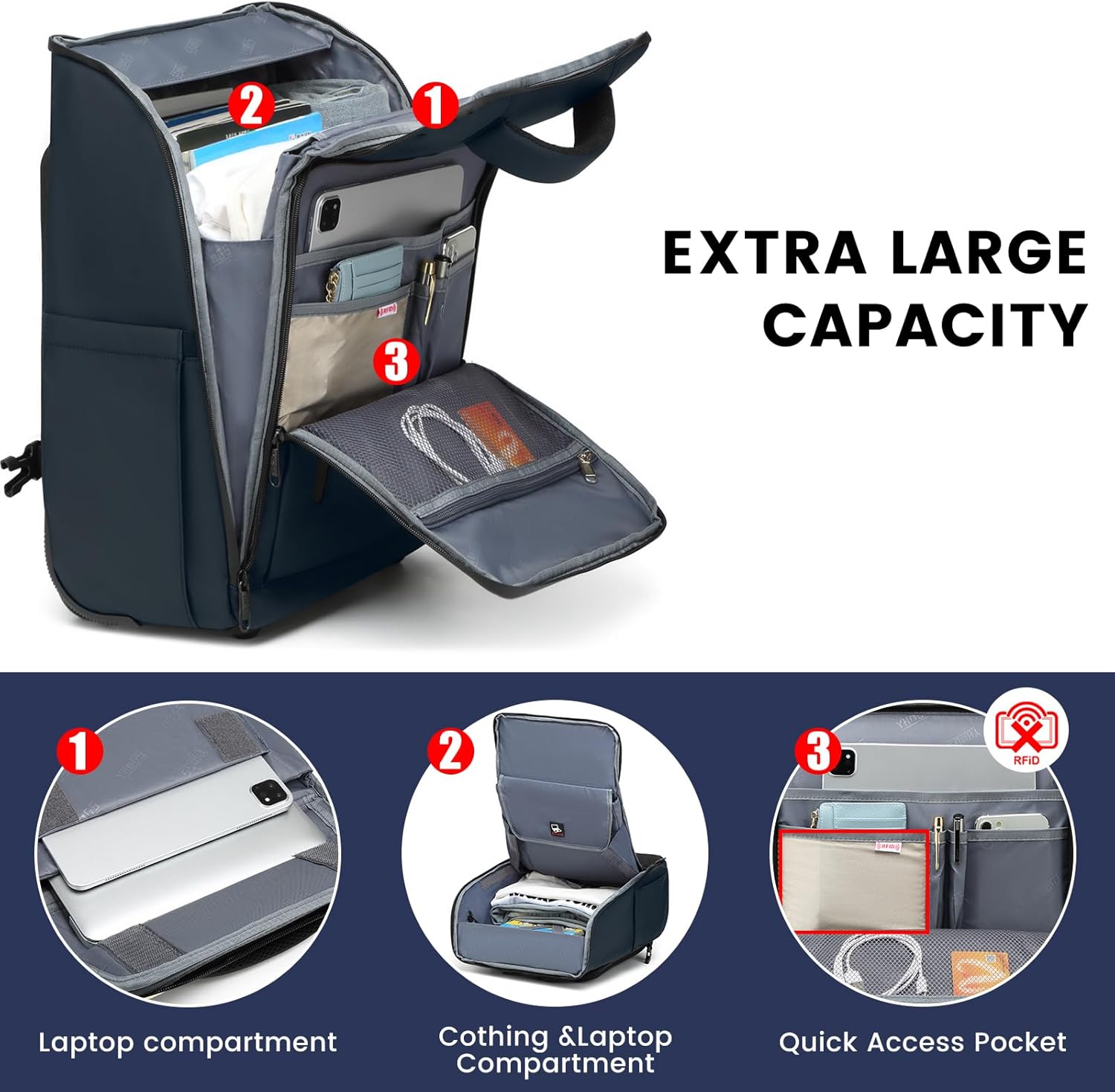 Rolling Backpack Waterproof Commuter Backpack with Wheels for Business, Laptop Compartment for 15.6-Inch Laptop, Wheeled Carry-On Bag for Adults