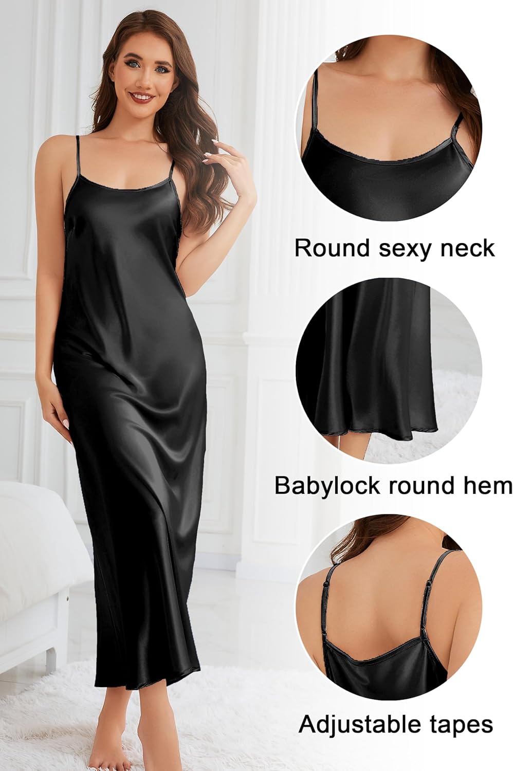 ALCEA ROSEA Women's Long Satin Slip Dress Nightgowns Sexy Lingerie Adjustable Strap Maxi Dress Silky Gown V Neck Under Dress - Image 5