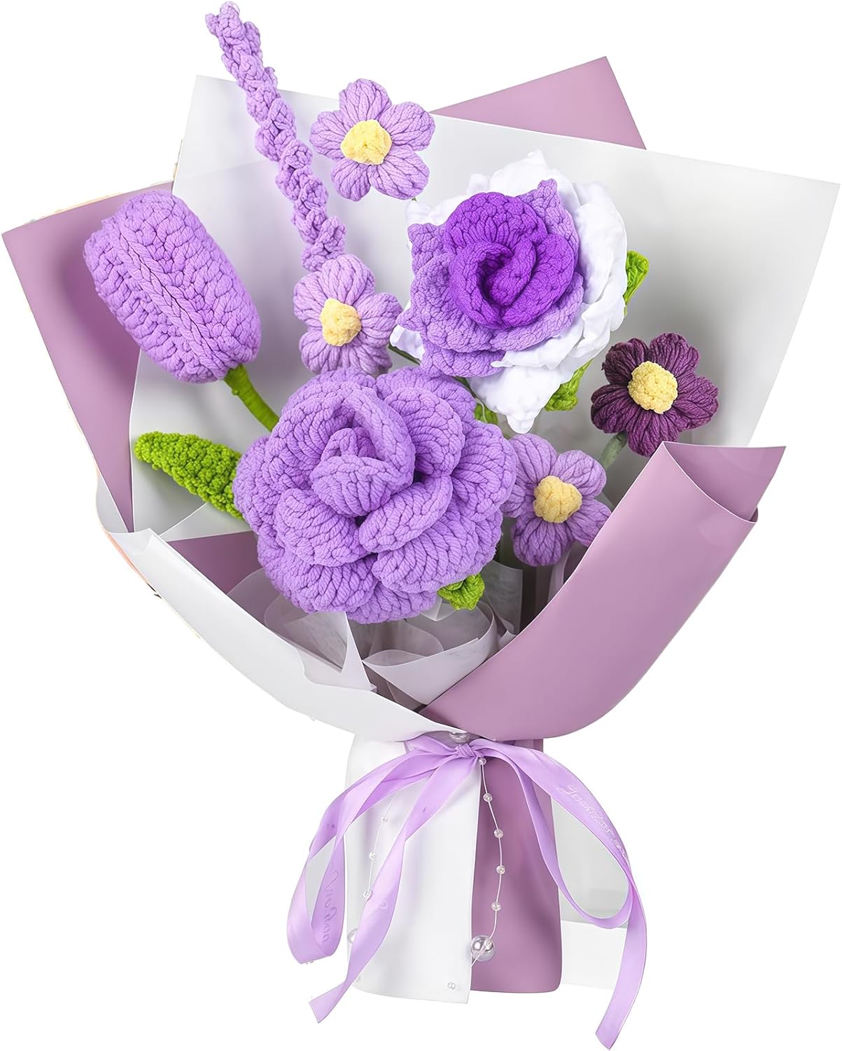 Crochet Flower Bouquet, Handmade Knitted Flowers with Purple Rose Tulip Daisy, Long Lasting Gift for Mom, Mother's Day Birthday