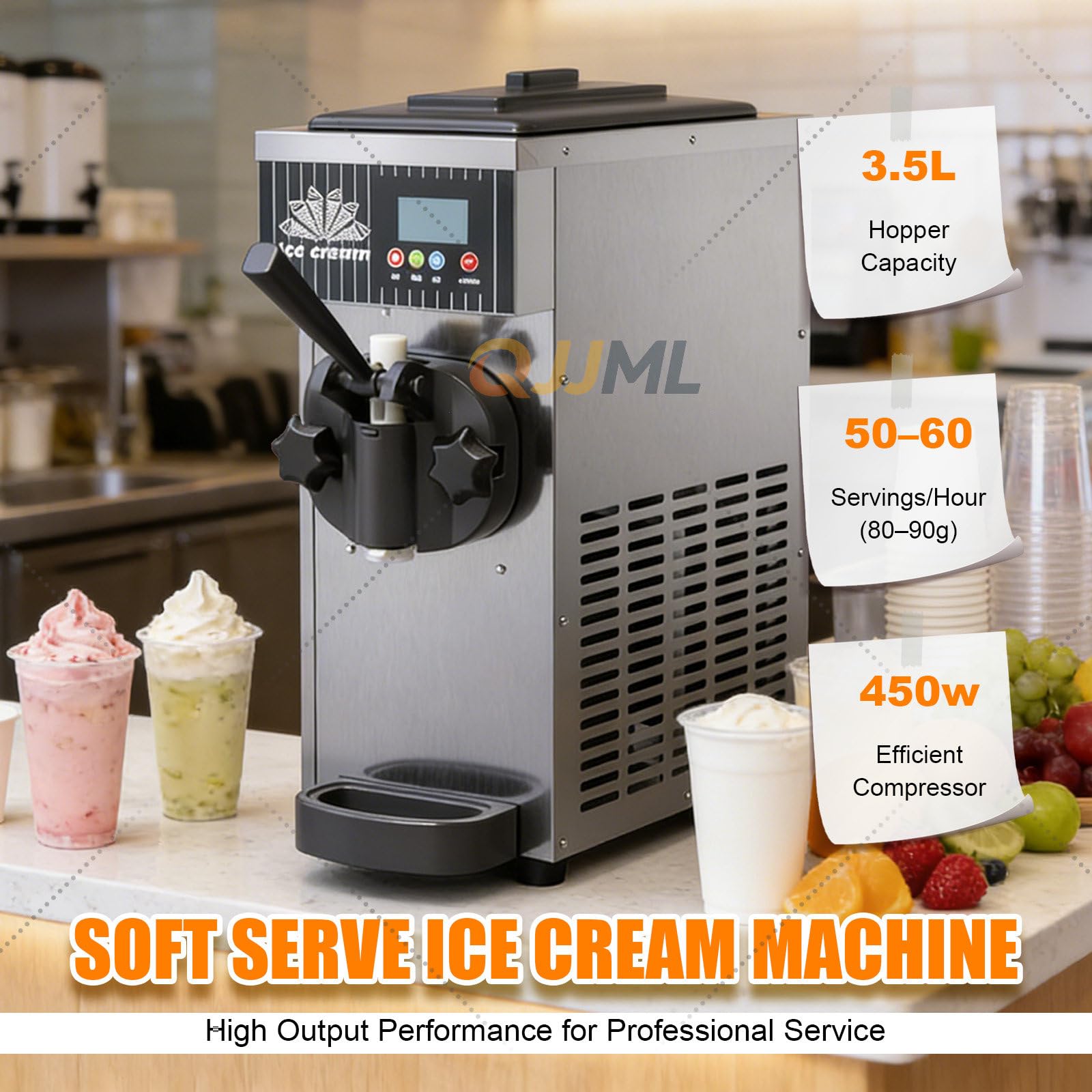 Máquina Comercial Helado Suave, Rendimiento 4-5 Kg/H O 4.5-8 Kg/H; Modelo De Sobremesa De Un Solo Sabor con Panel LCD Y Autolimpieza Un Solo Toque, Ideal para Helados En Espiral White-3.5L