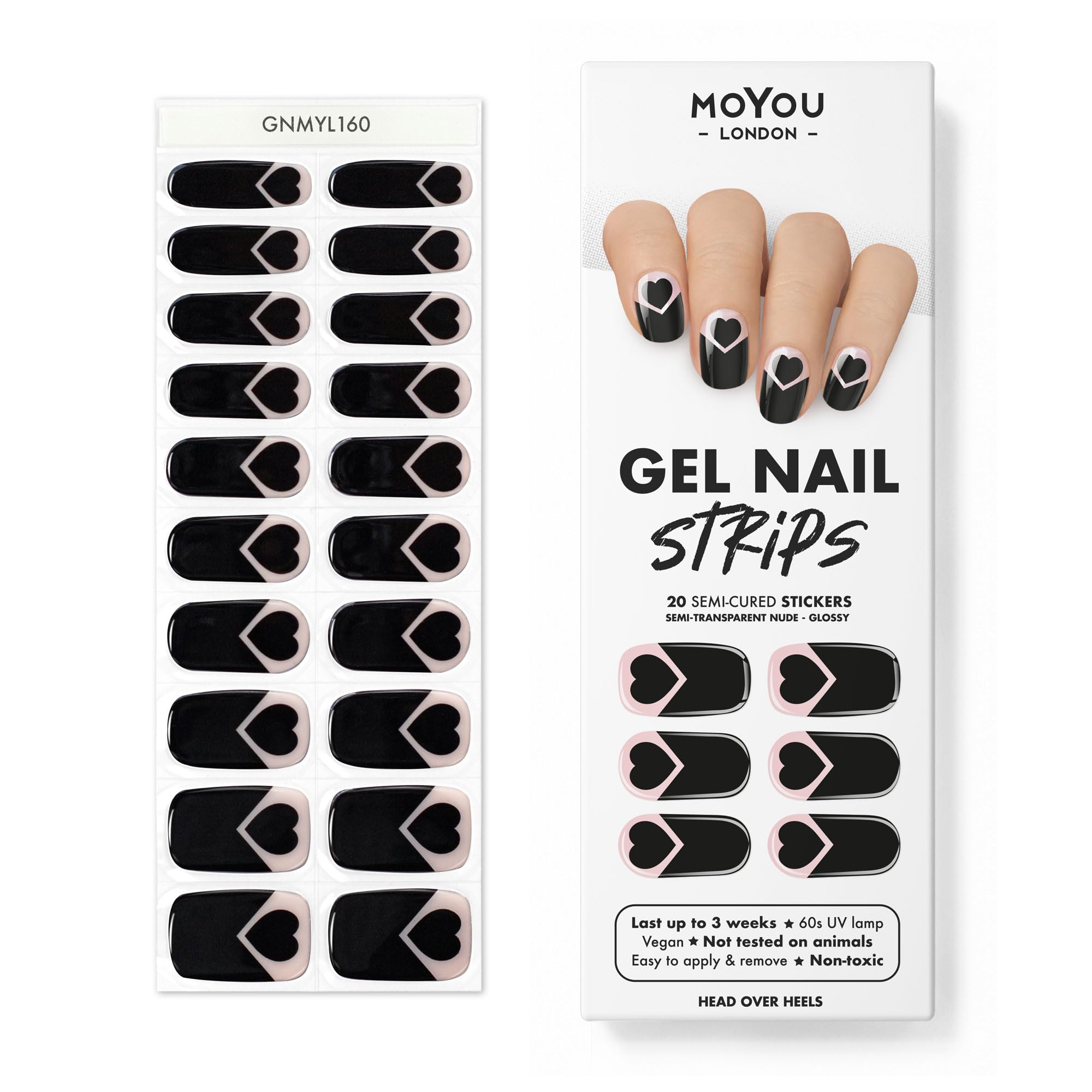 MOYOU LONDON Semi Cured Gel Nail Strips, 20 Pc. Gel Wraps for Nails, Easy Apply & Remove for Salon-Quality Manicure, Works with Any Nail Lamps - Head over Heels